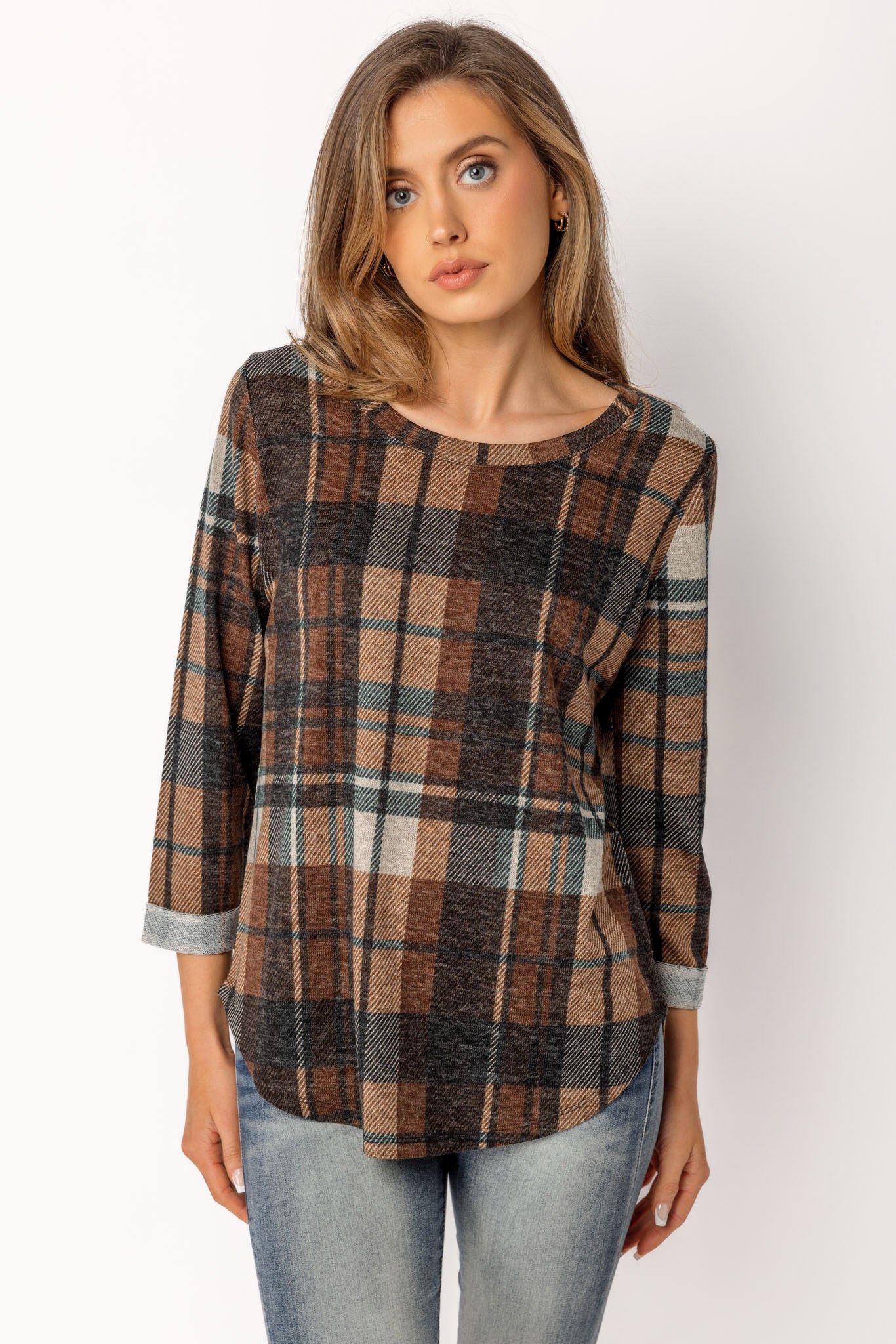 Plaid Hacci 3/4 Sleeve Scoopneck Top