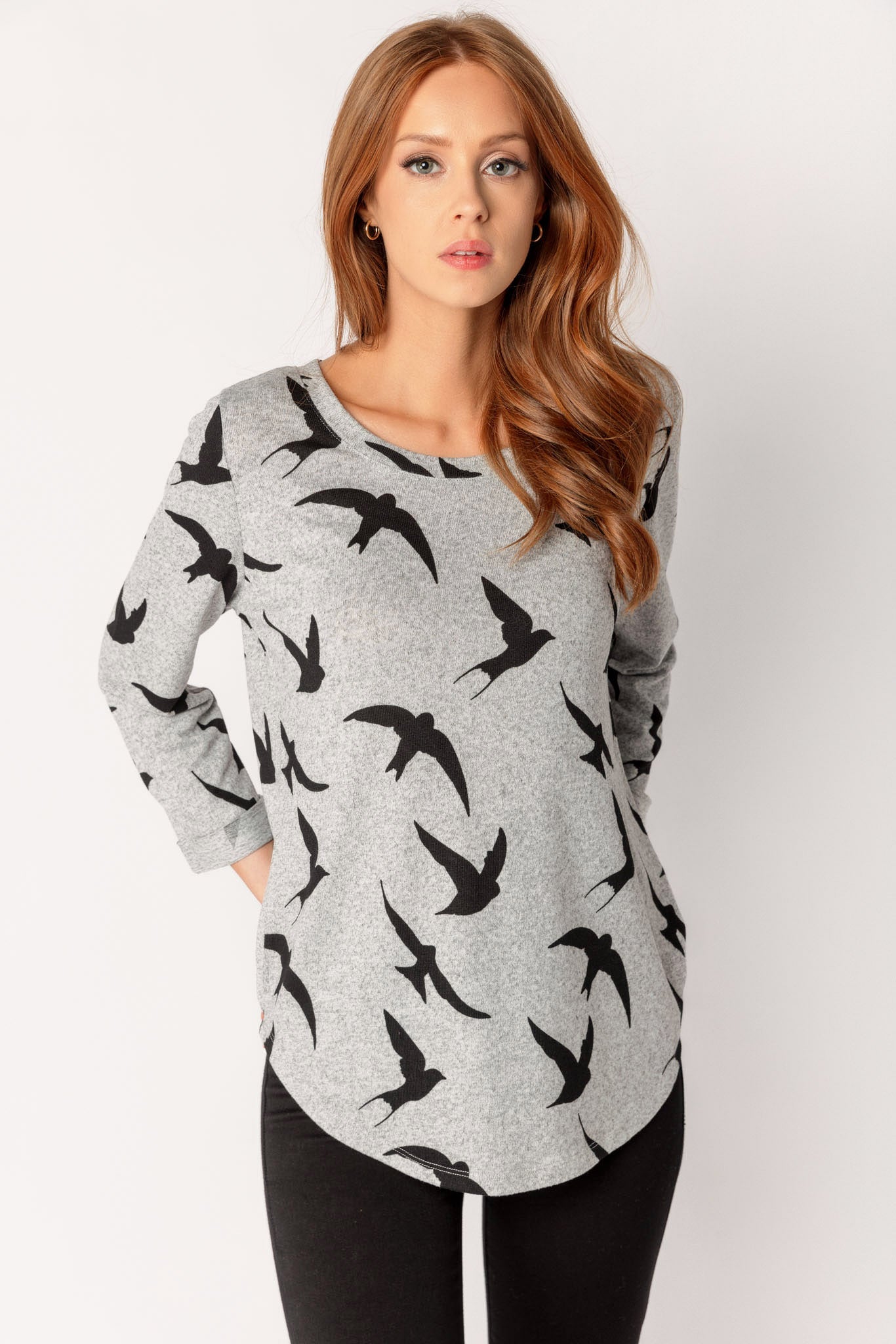 Bird Print 3/4 Sleeve Supersoft Scoopneck Sweater