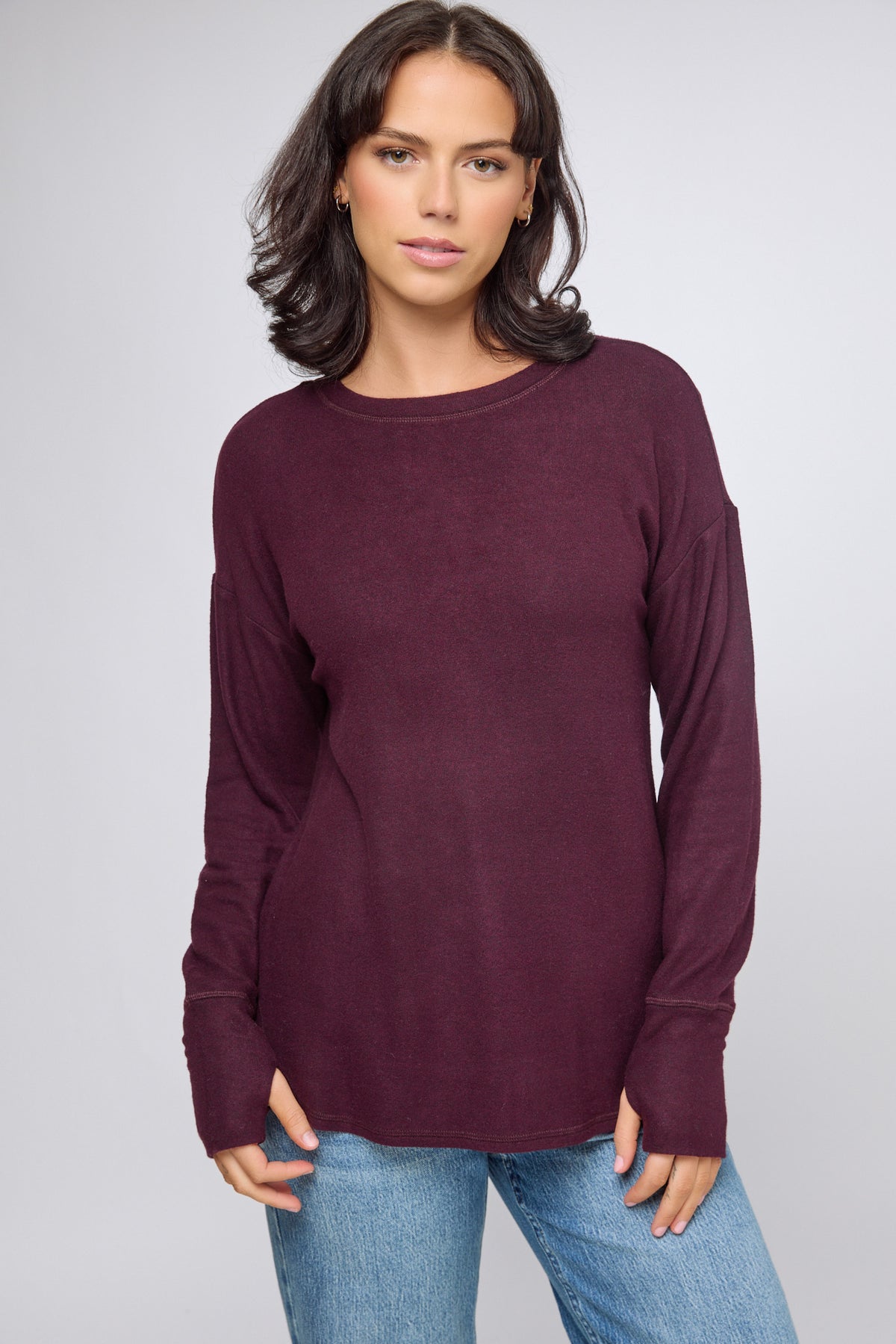 Long Sleeve Crew-Neck Supersoft Sweater with Thumbholes