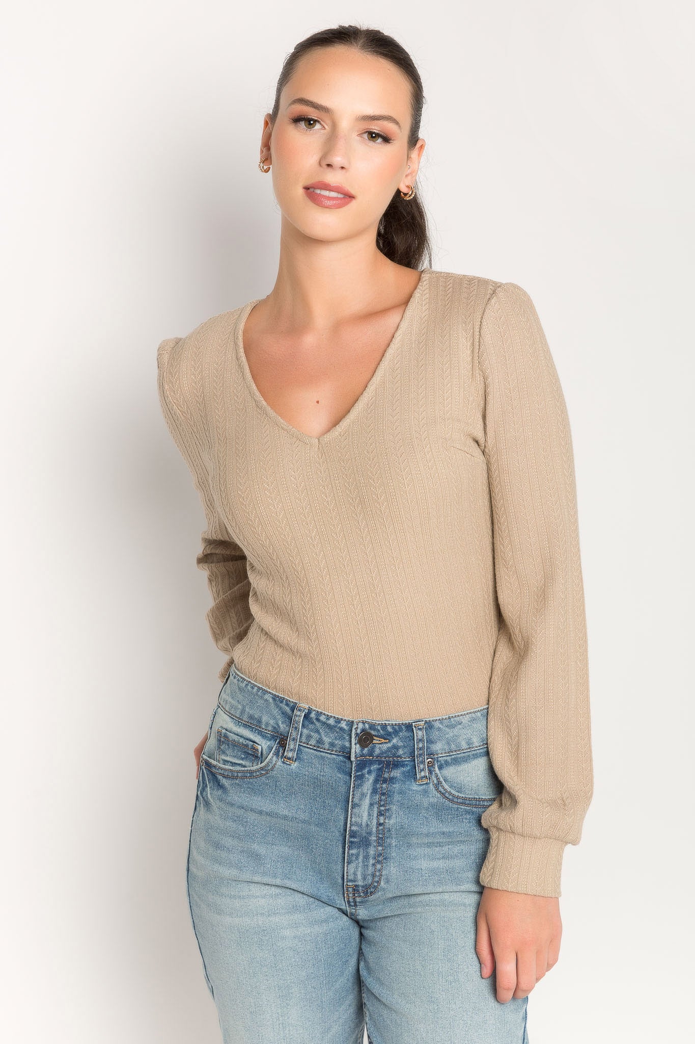 Cable Knit Balloon Sleeve V-neck Sweater