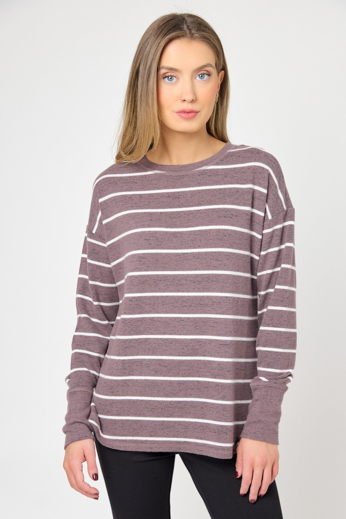 Stripe Crew-Neck Sweater with Shirttail Hem and Thumbholes