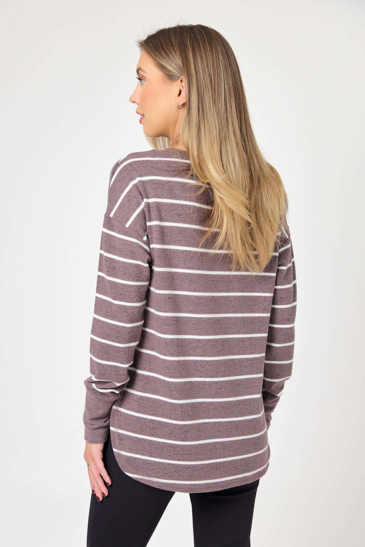 Stripe Crew-Neck Sweater with Shirttail Hem and Thumbholes