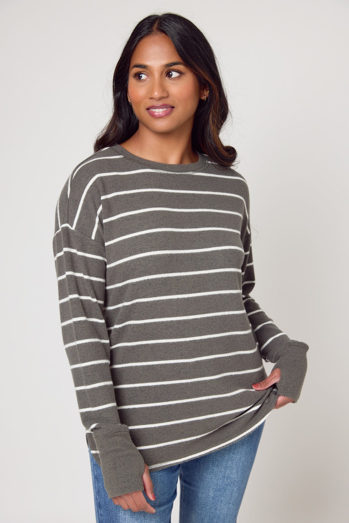 Stripe Crew-Neck Sweater with Shirttail Hem and Thumbholes