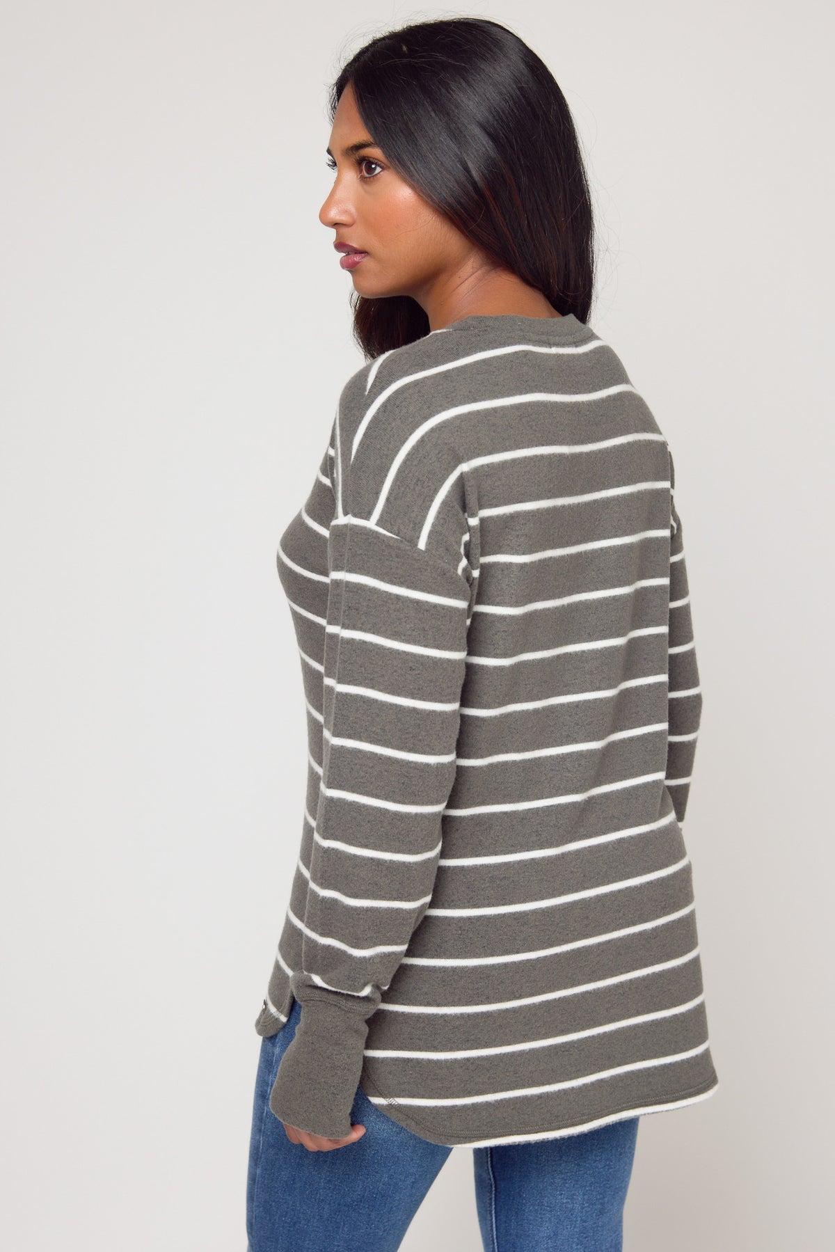 Stripe Crew-Neck Sweater with Shirttail Hem and Thumbholes