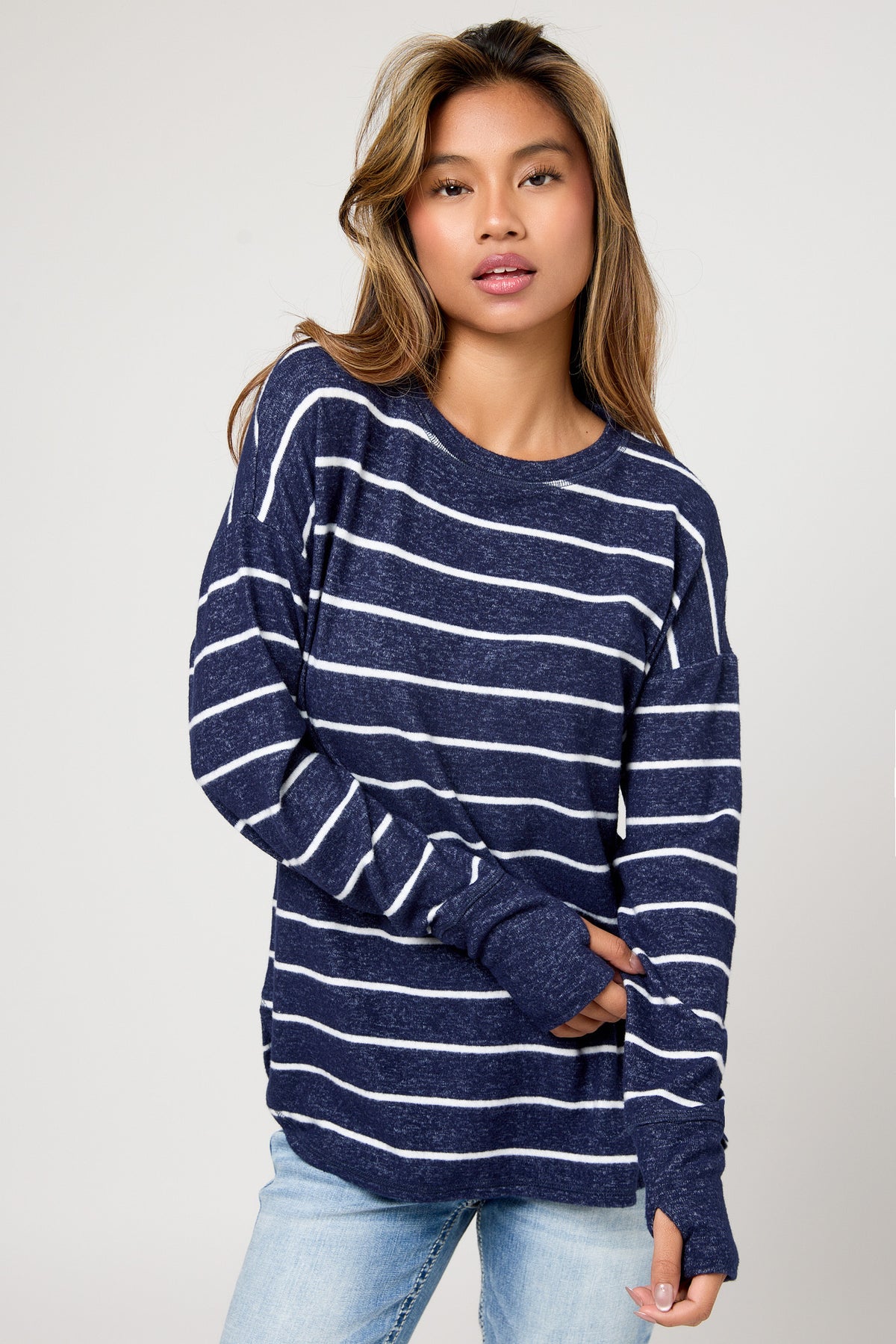 Stripe Crew-Neck Sweater with Shirttail Hem and Thumbholes