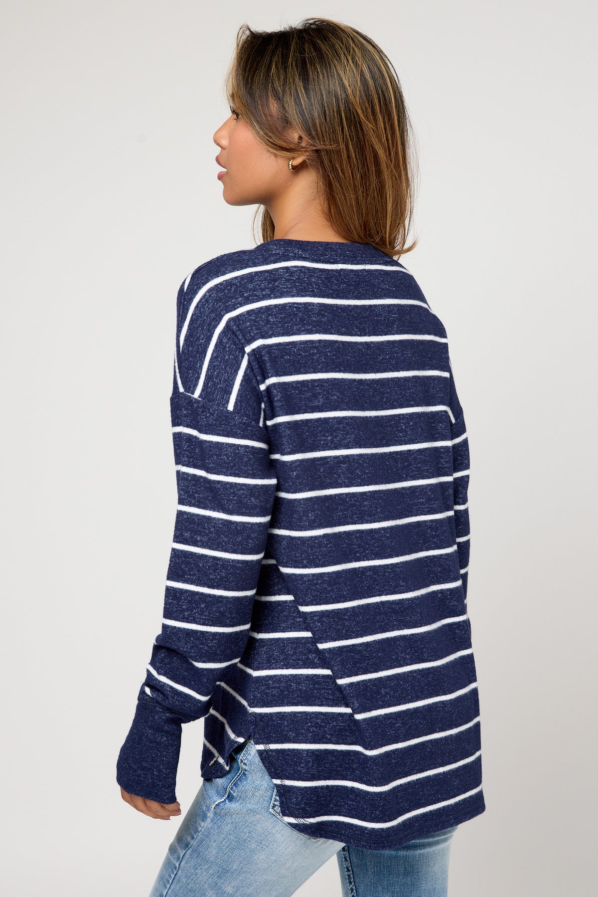 Stripe Crew-Neck Sweater with Shirttail Hem and Thumbholes