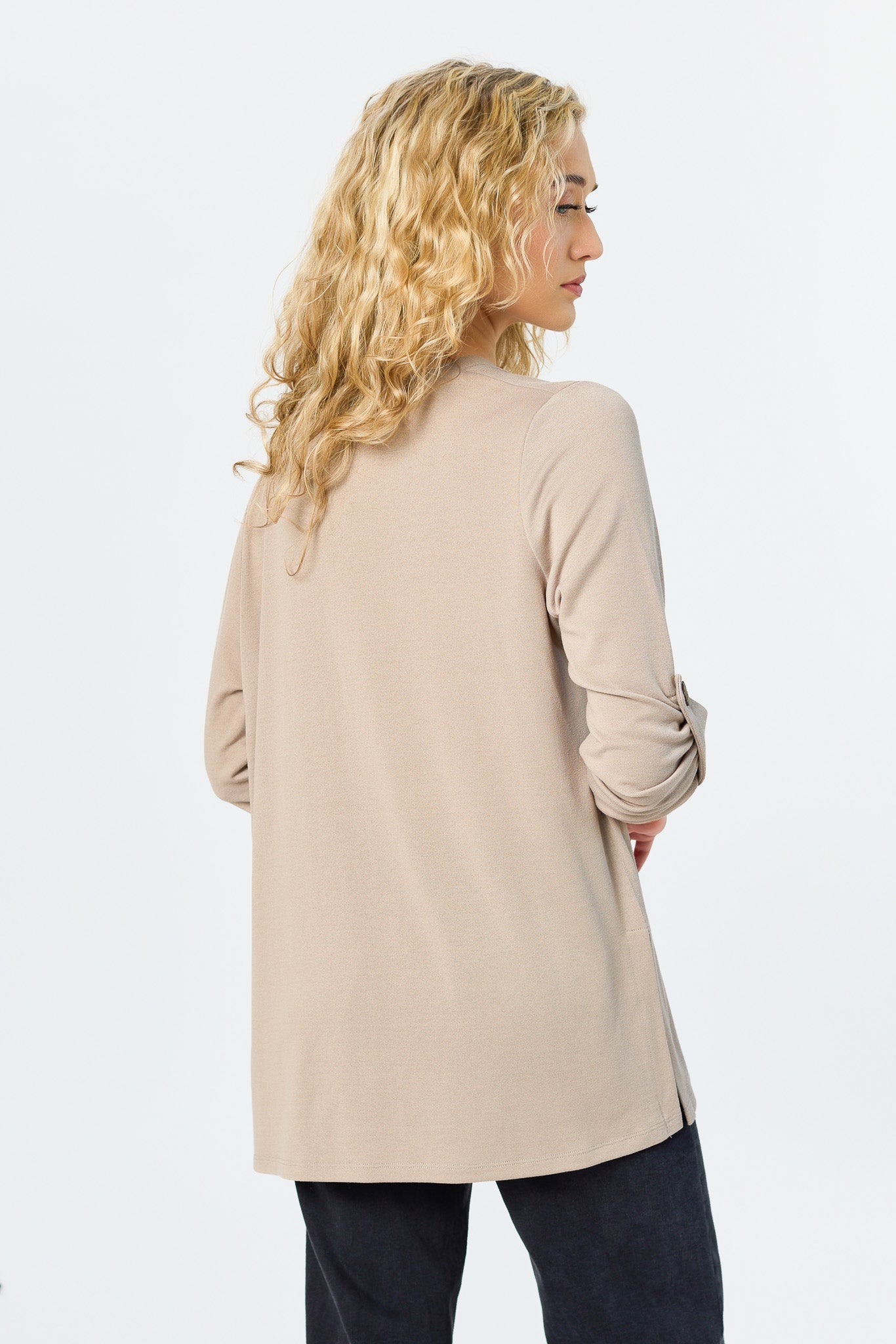 Hacci Open Cardigan with Roll-Up Sleeves and Side Slits