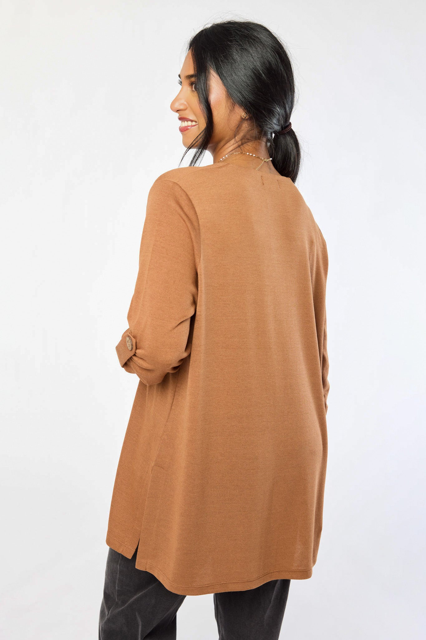 Hacci Open Cardigan with Roll-Up Sleeves and Side Slits