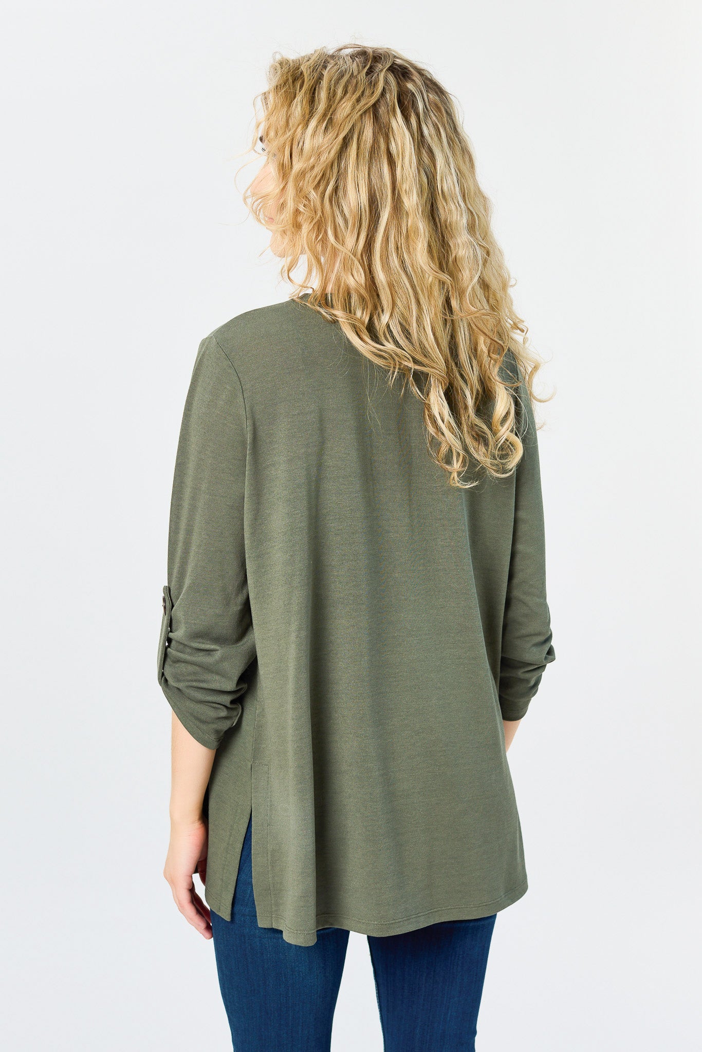 Hacci Open Cardigan with Roll-Up Sleeves and Side Slits
