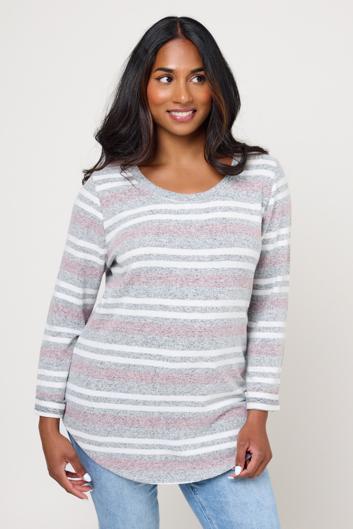 Supersoft Striped Scoop-Neck 3/4-Sleeve Top