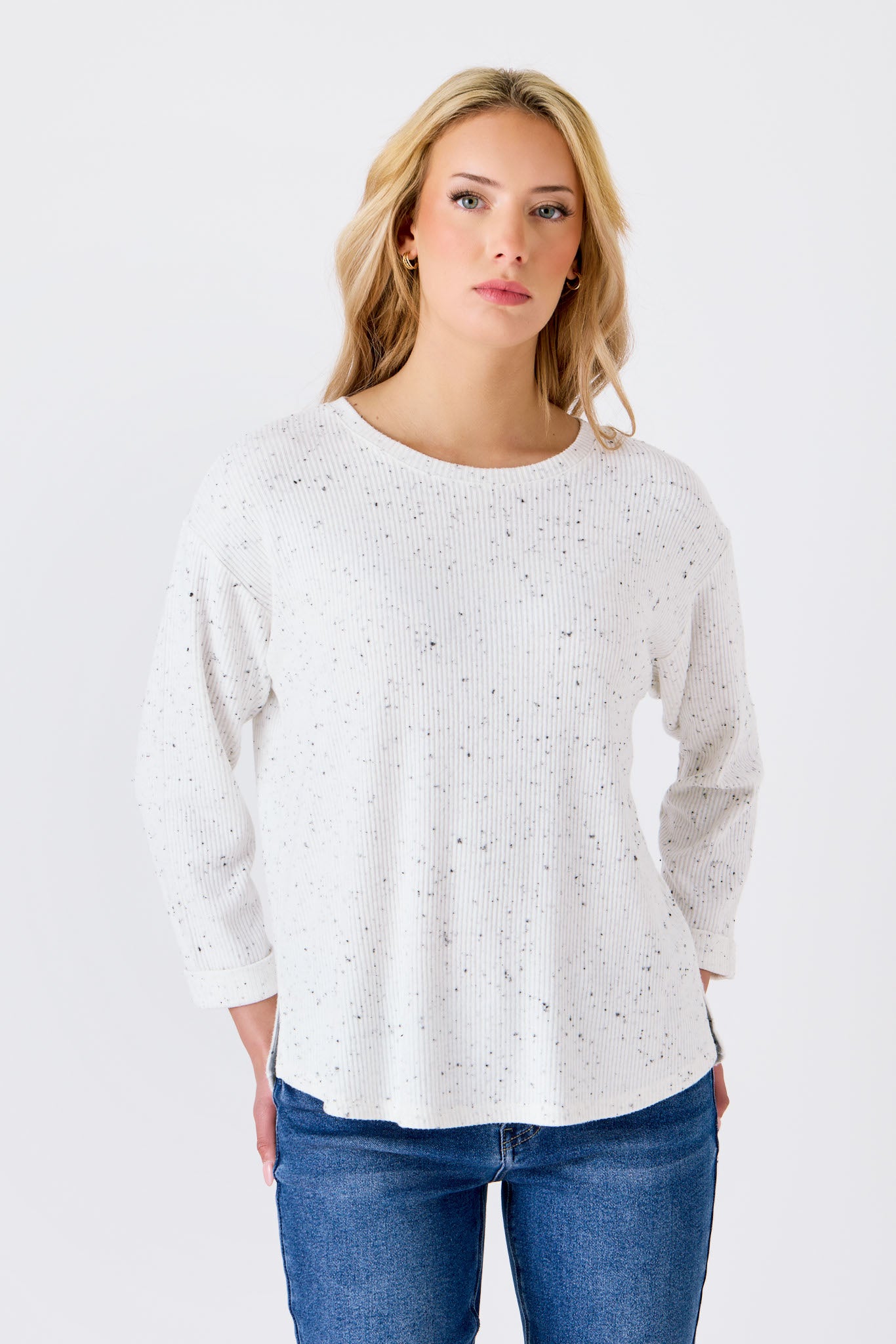 Speckled Ribbed Hacci 3/4-Sleeve Sweater