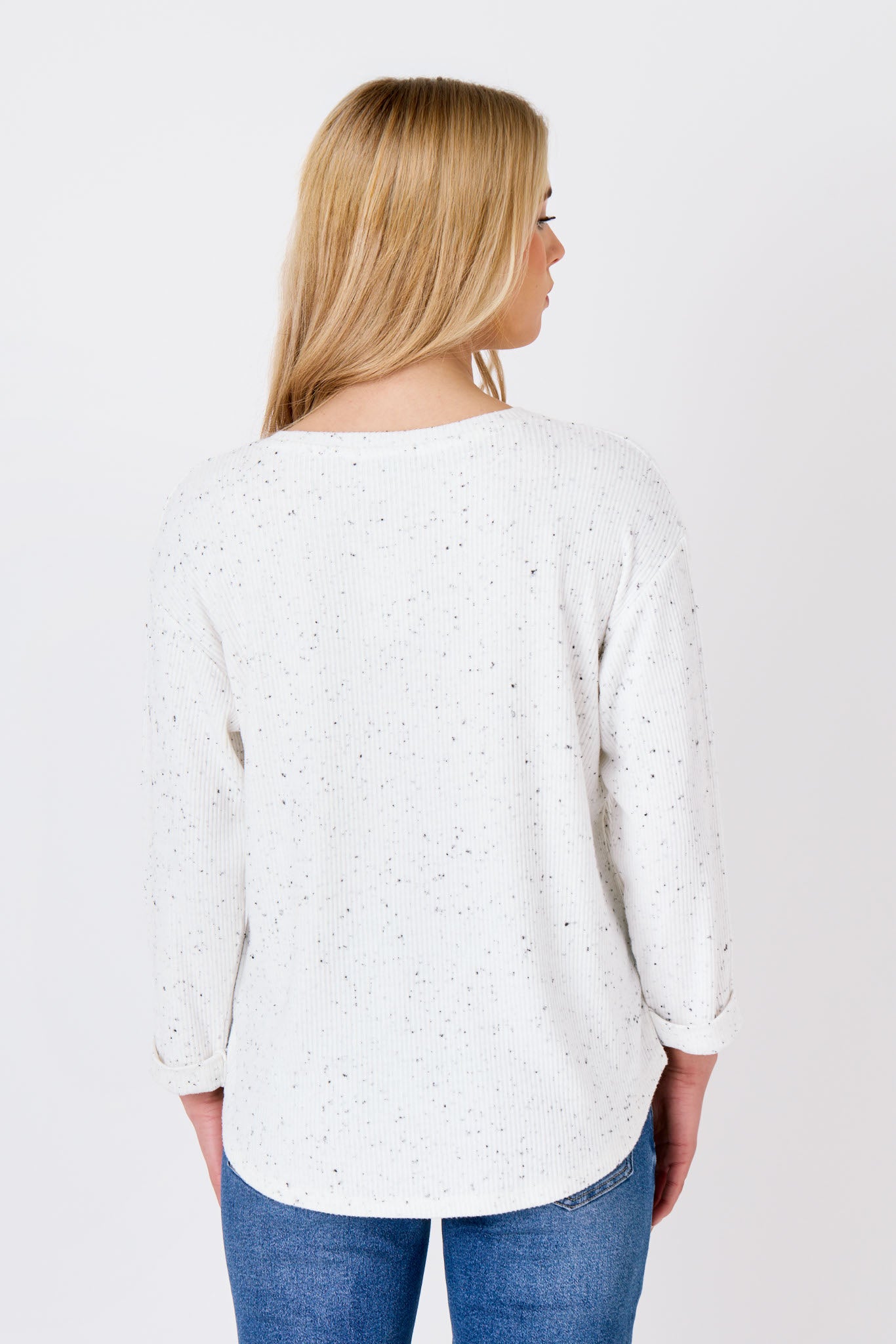 Speckled Ribbed Hacci 3/4-Sleeve Sweater