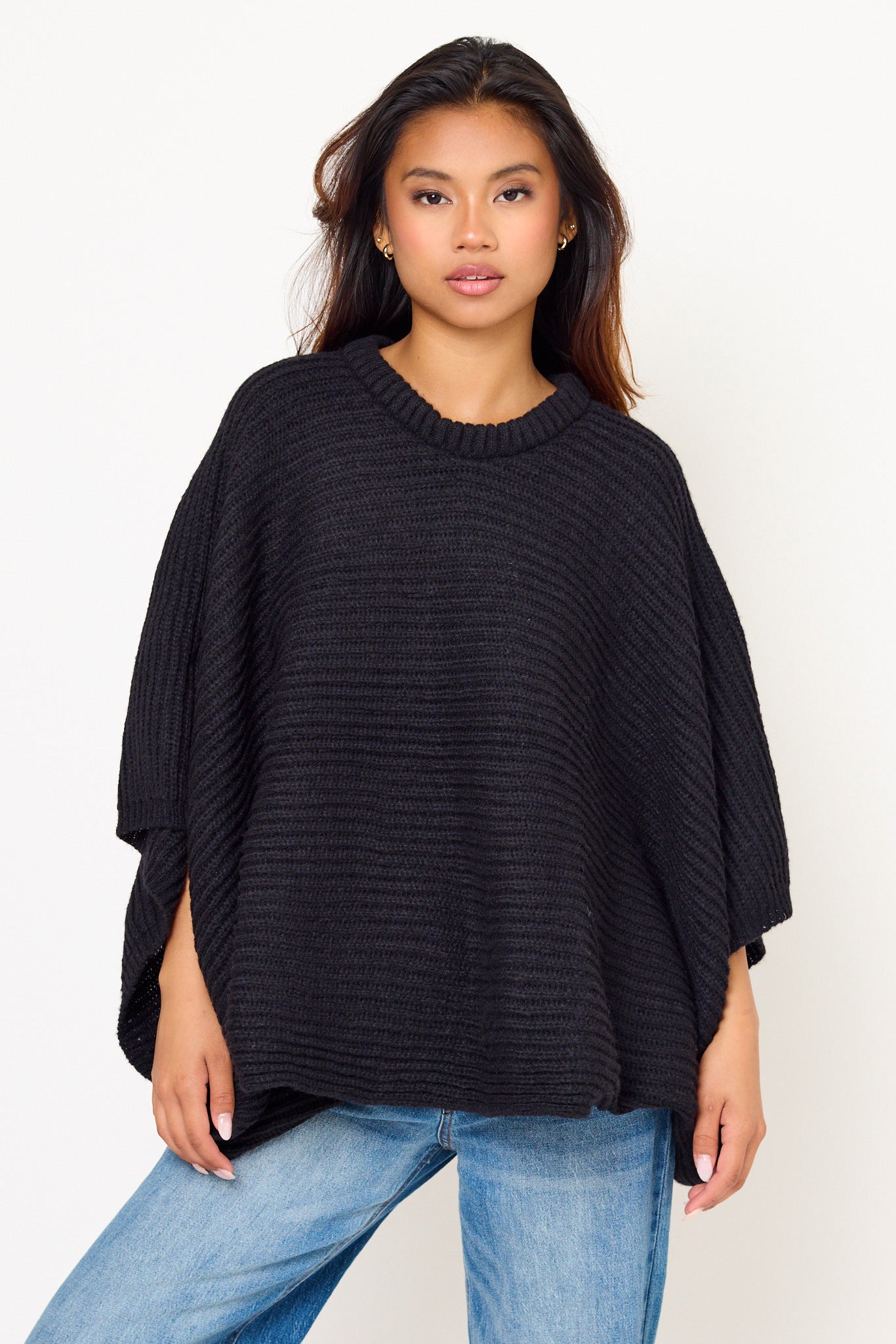 Rib Knit Crew Neck Poncho