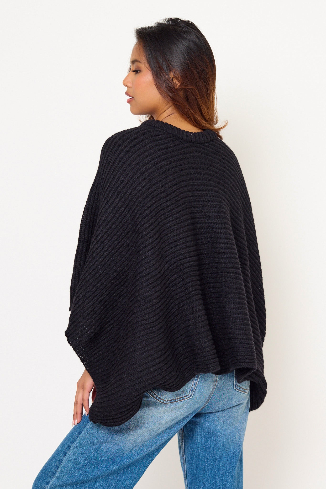 Rib Knit Crew Neck Poncho