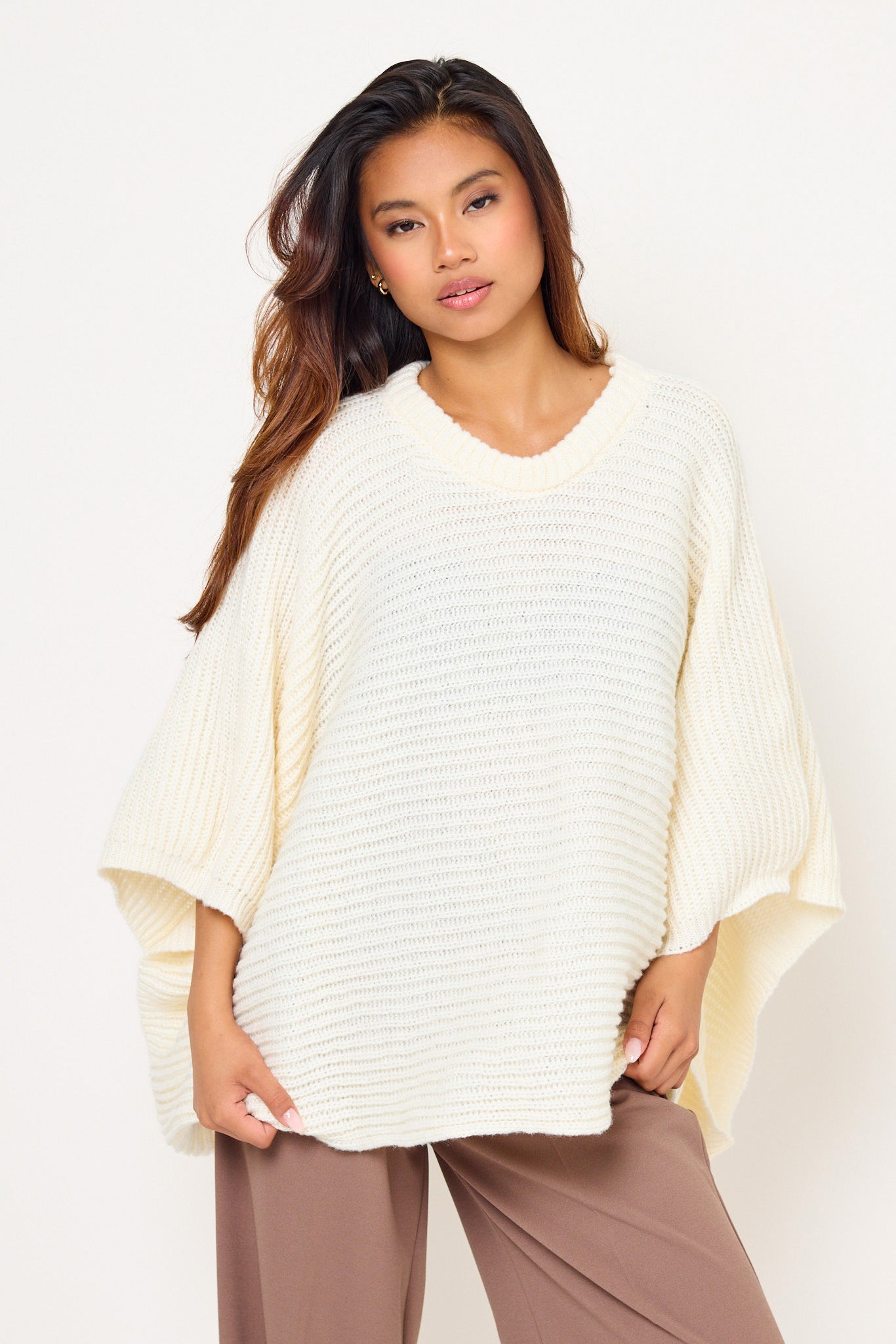 Rib Knit Crew Neck Poncho