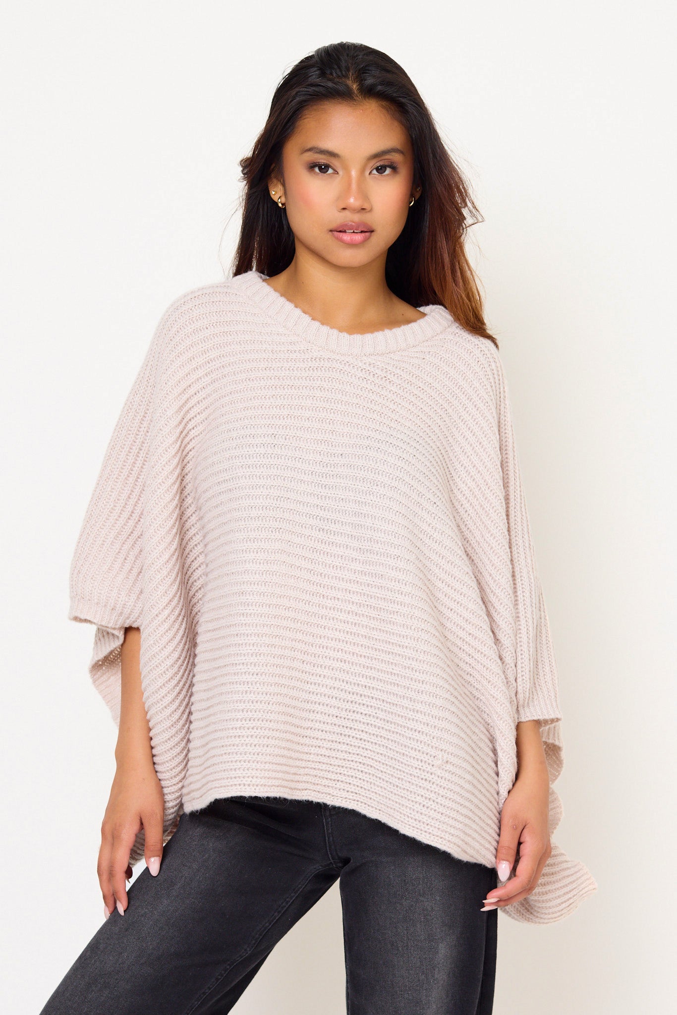 Rib Knit Crew Neck Poncho