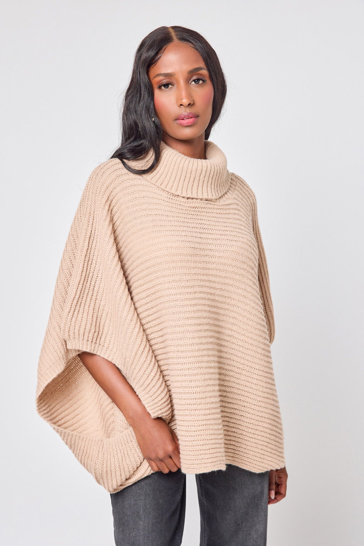 Ribbed Knit Turtleneck Poncho