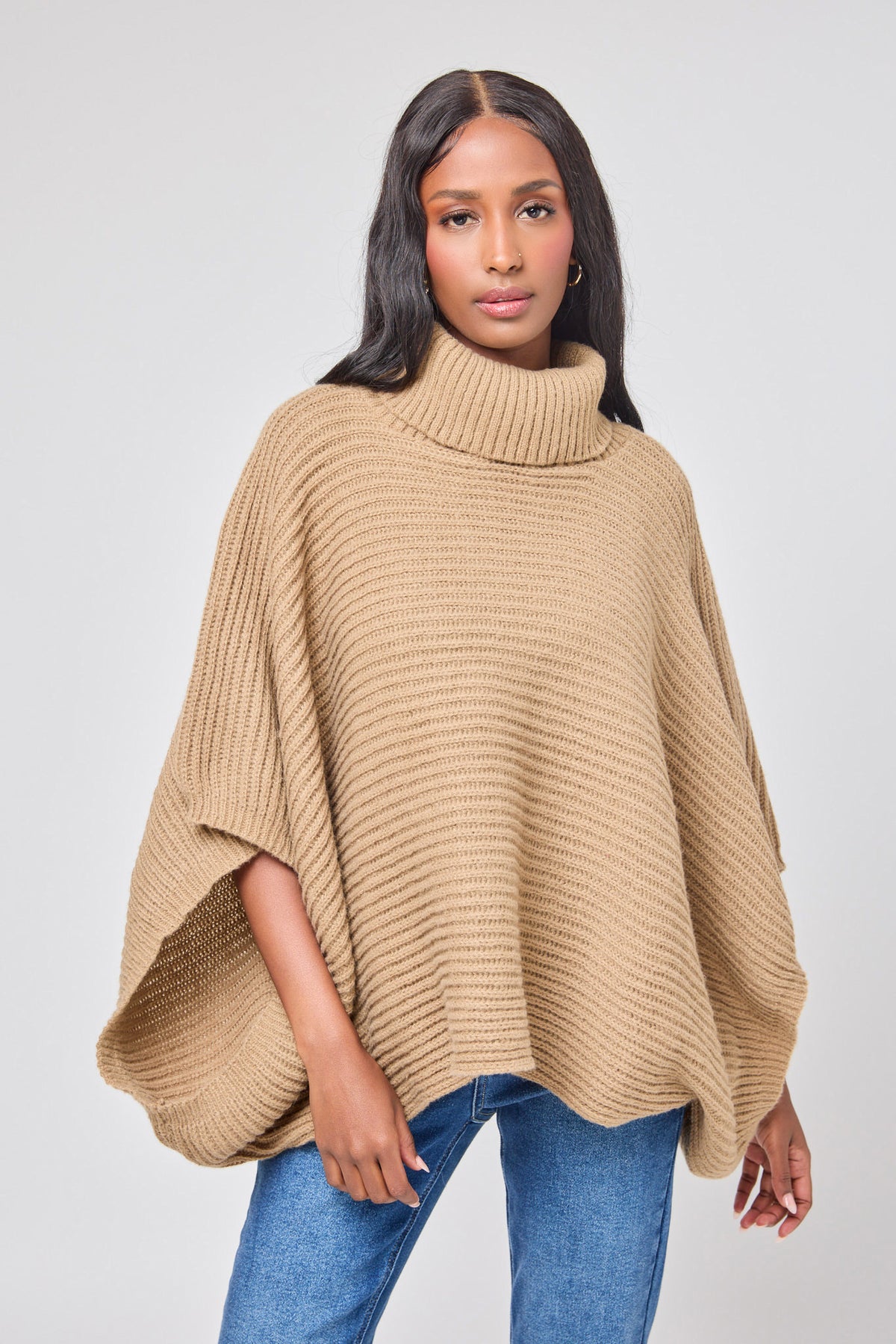 Ribbed Knit Turtleneck Poncho