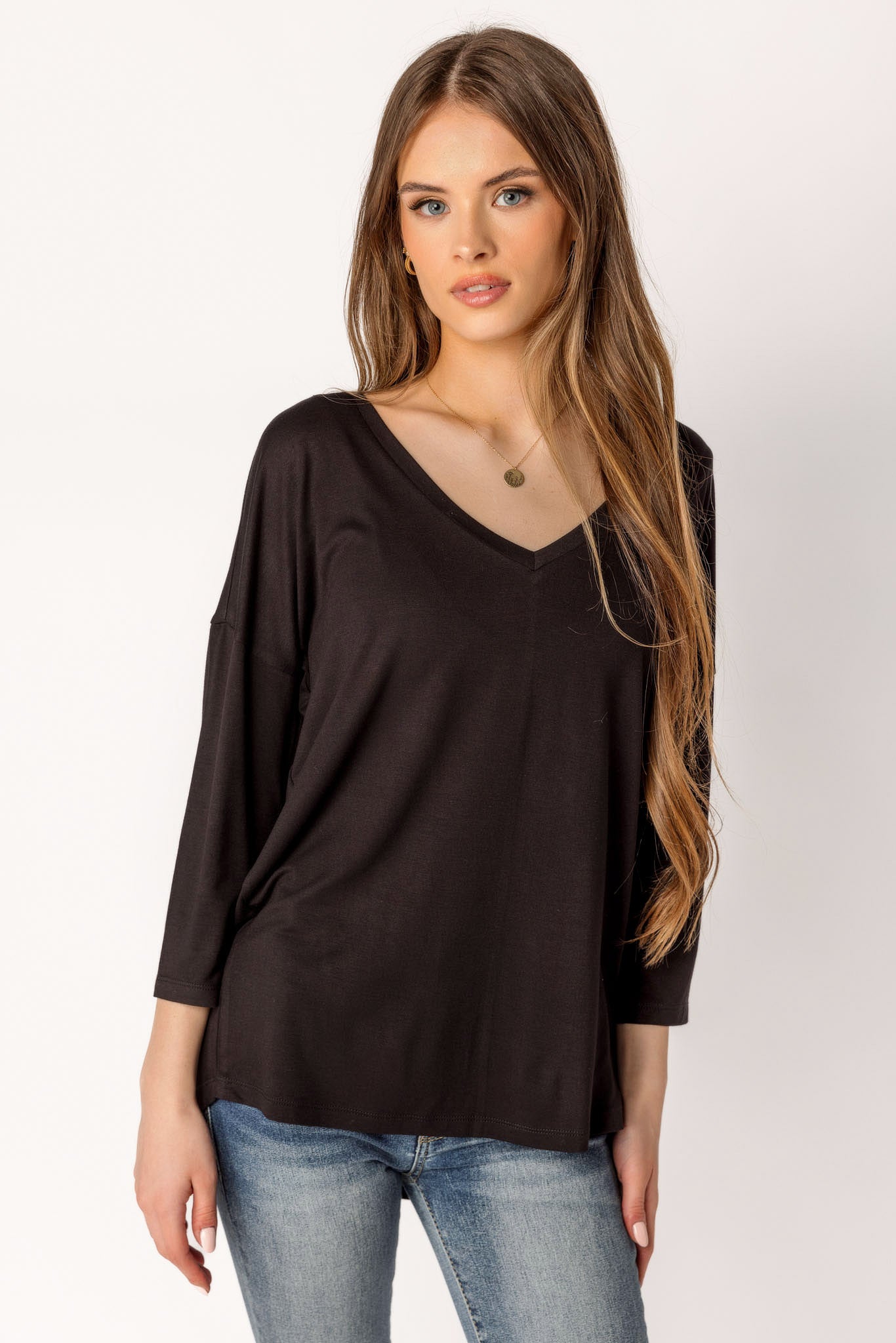 3/4-Sleeve V-Neck Tunic with Dolman Sleeves