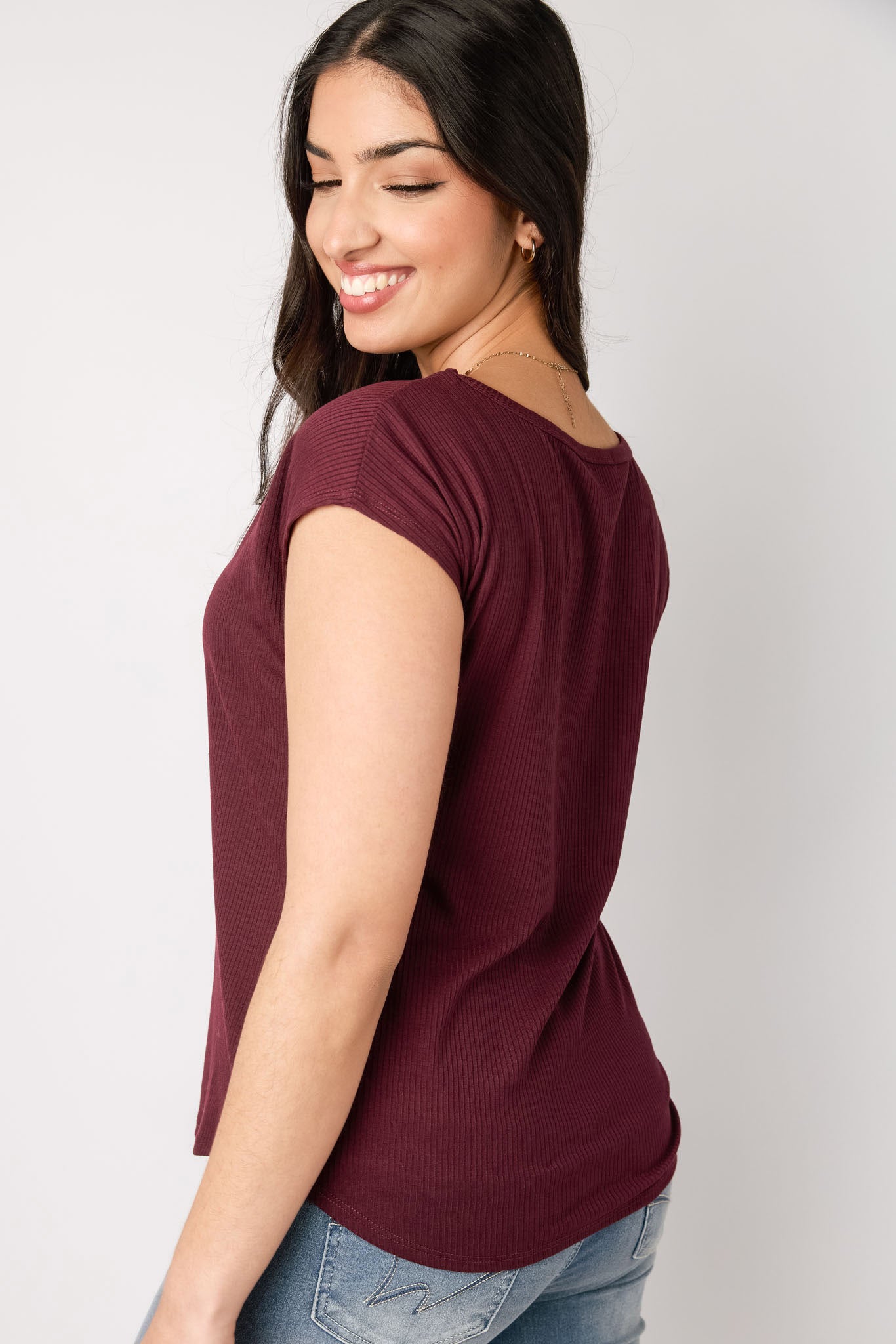 Ribbed Cap-Sleeve Tee with  Shirttail Hem