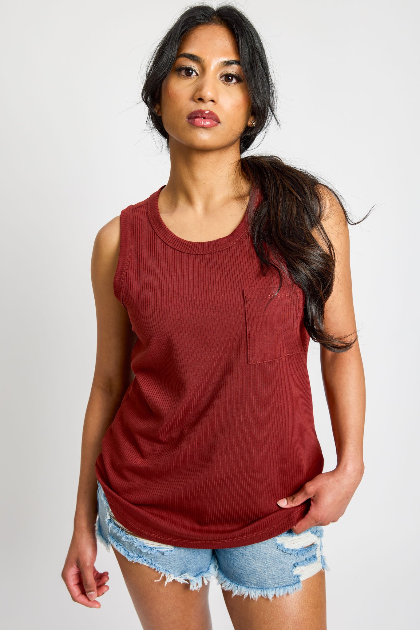 Ribbed Crew-Neck Long-Length Tank Top