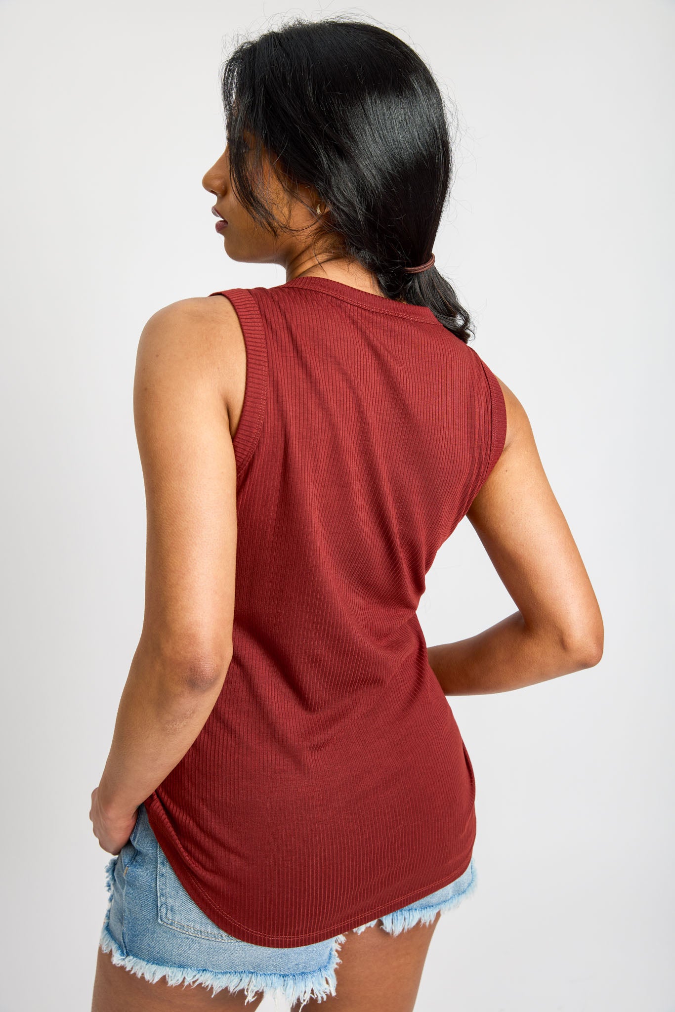 Ribbed Crew-Neck Long-Length Tank Top