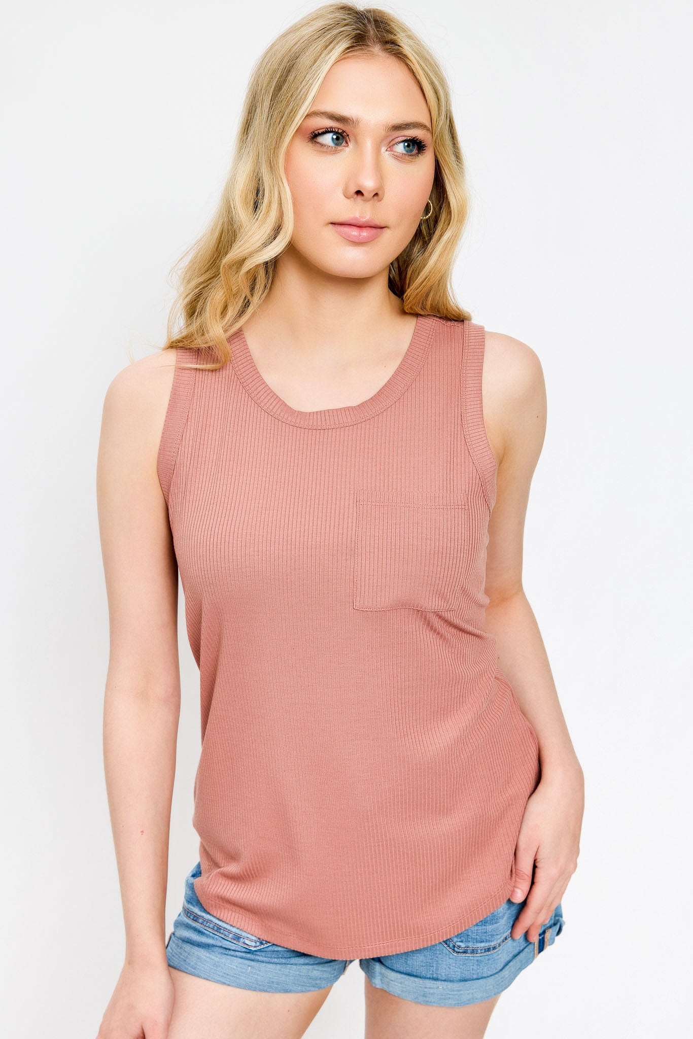 Ribbed Crew-Neck Long-Length Tank Top