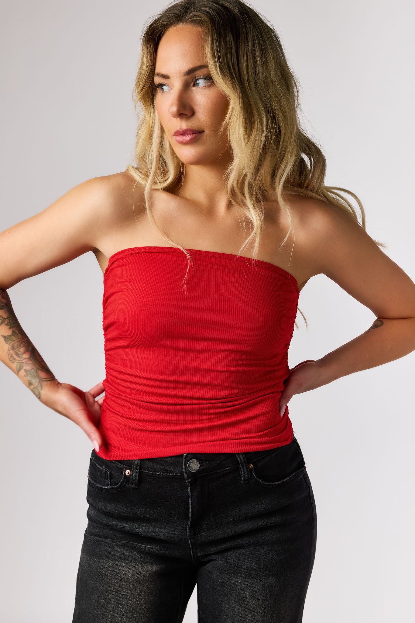 Ribbed Double-Layer Ruched Tube Top