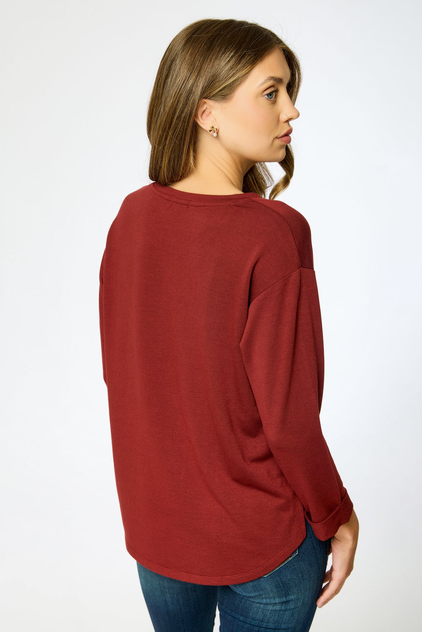 French Terry Crew-Neck 3/4 Sleeve Sweatshirt with Side Slits