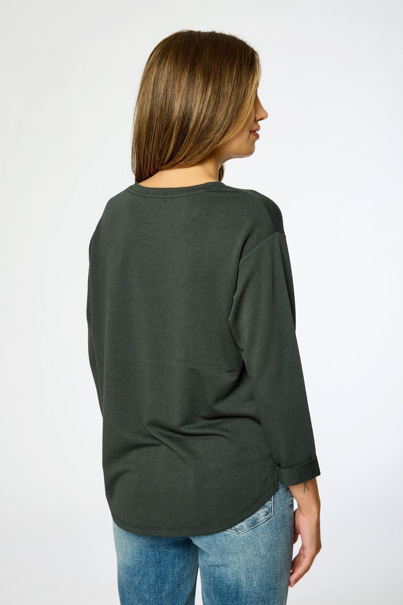 French Terry Crew-Neck 3/4 Sleeve Sweatshirt with Side Slits