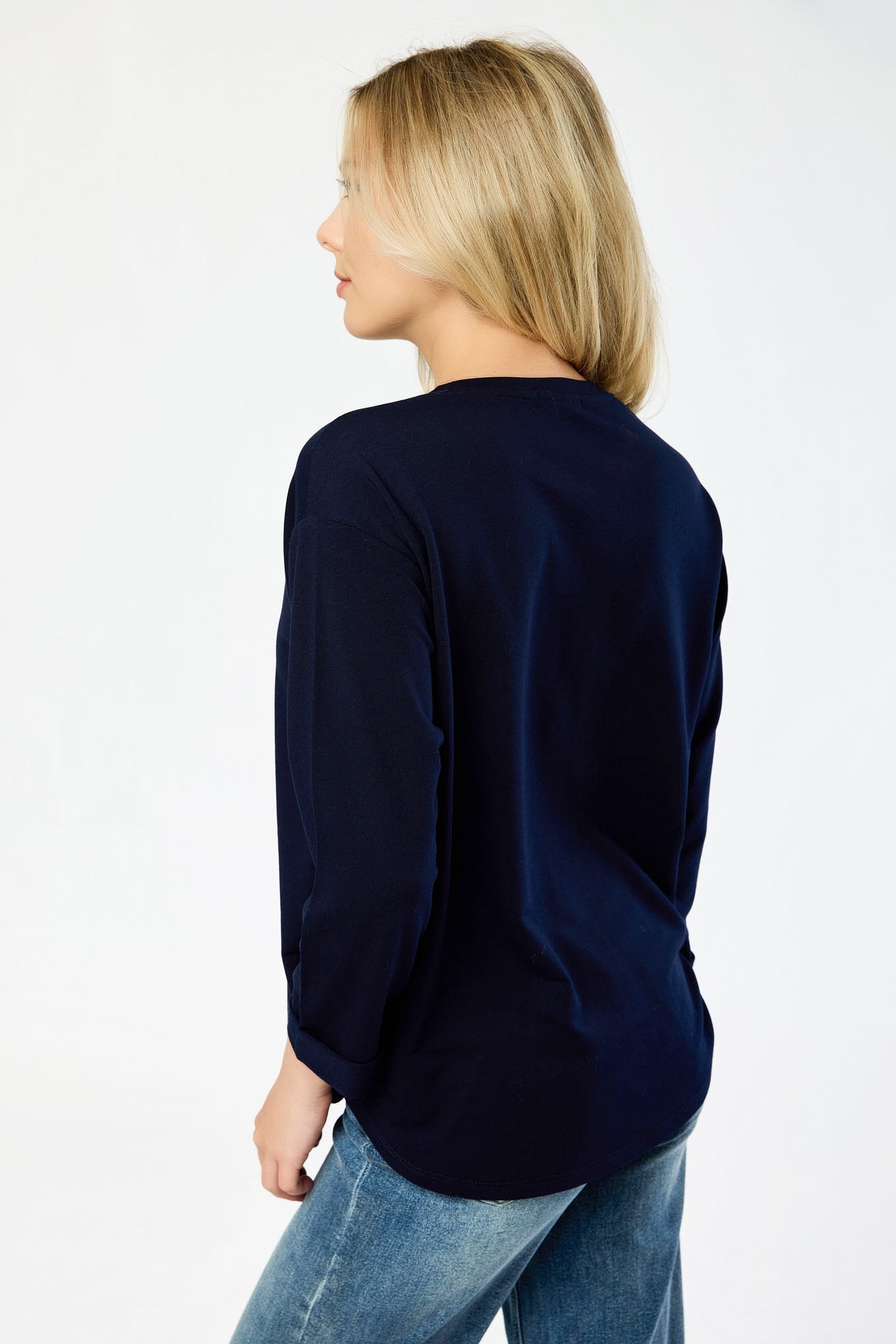 French Terry Crew-Neck 3/4 Sleeve Sweatshirt with Side Slits