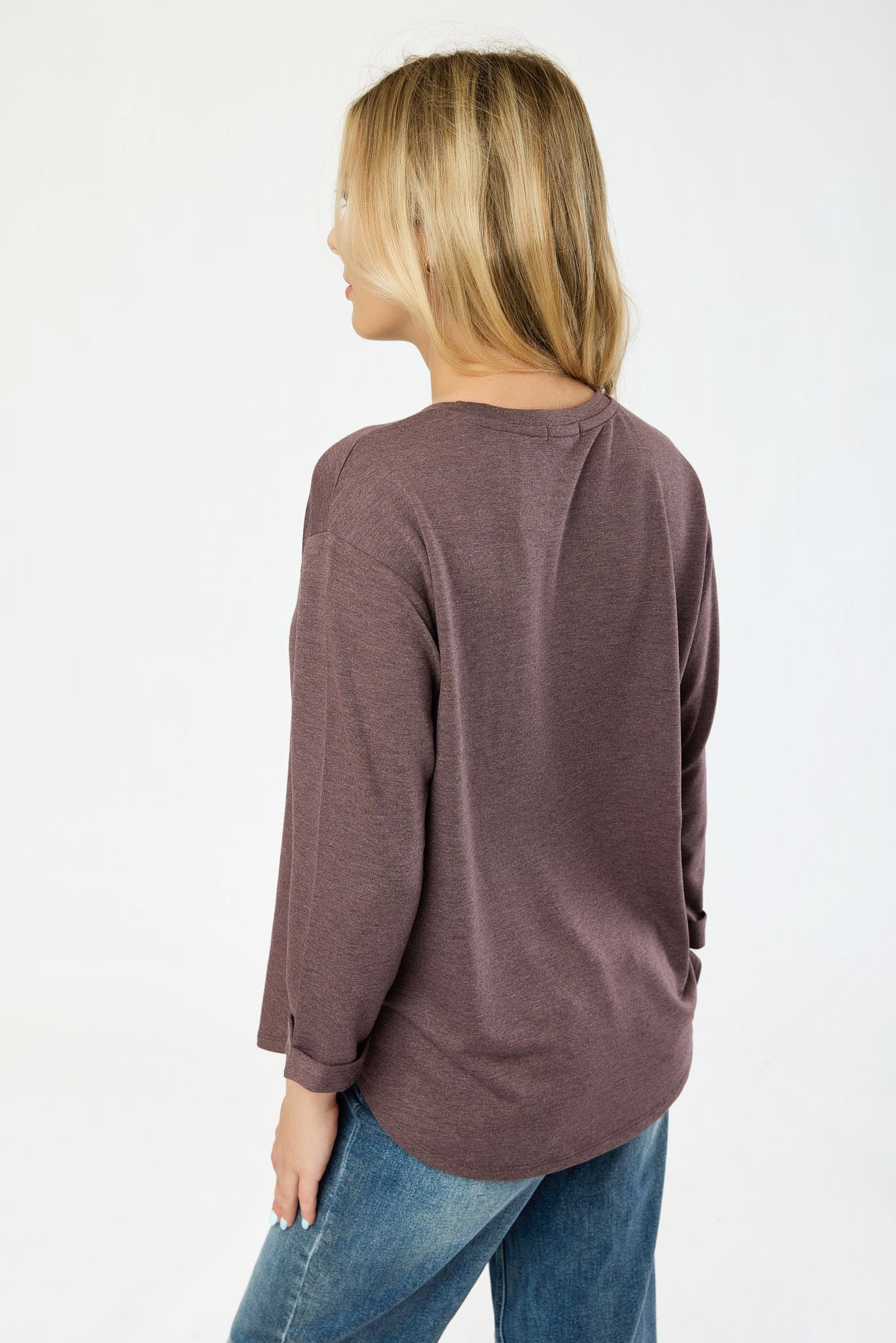 French Terry Crew-Neck 3/4 Sleeve Sweatshirt with Side Slits
