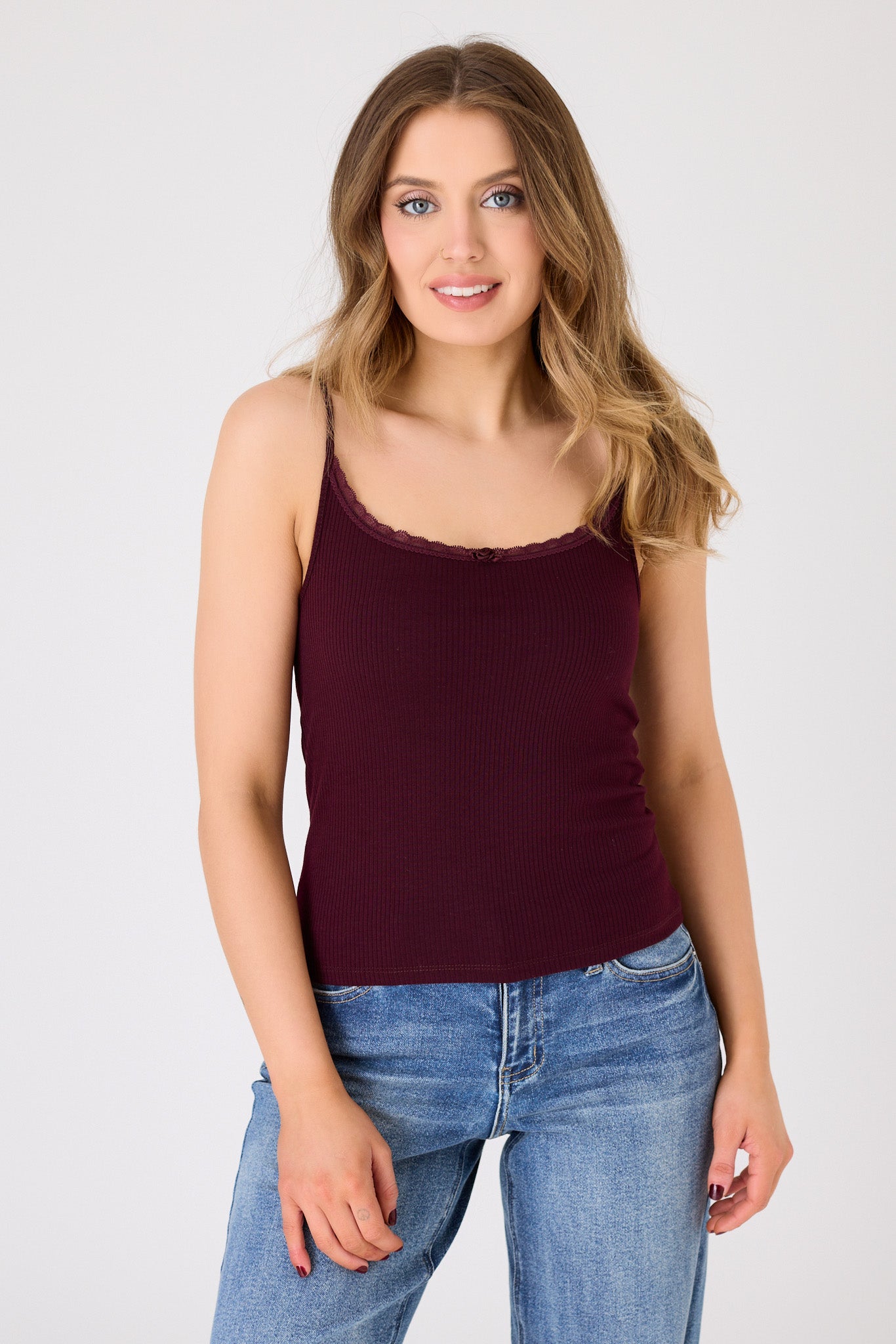 Ribbed Lace Trim Rosette Cami