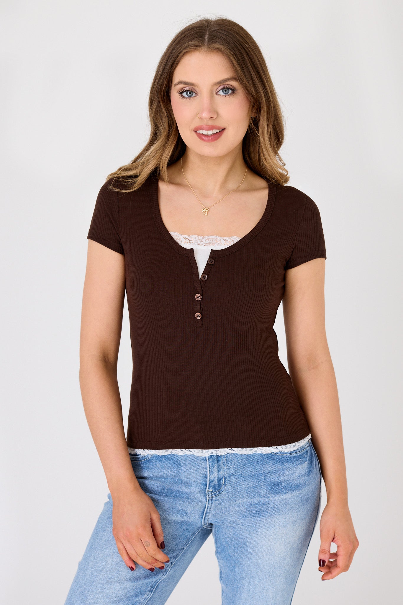 Ribbed Lace-Trim Henley Top