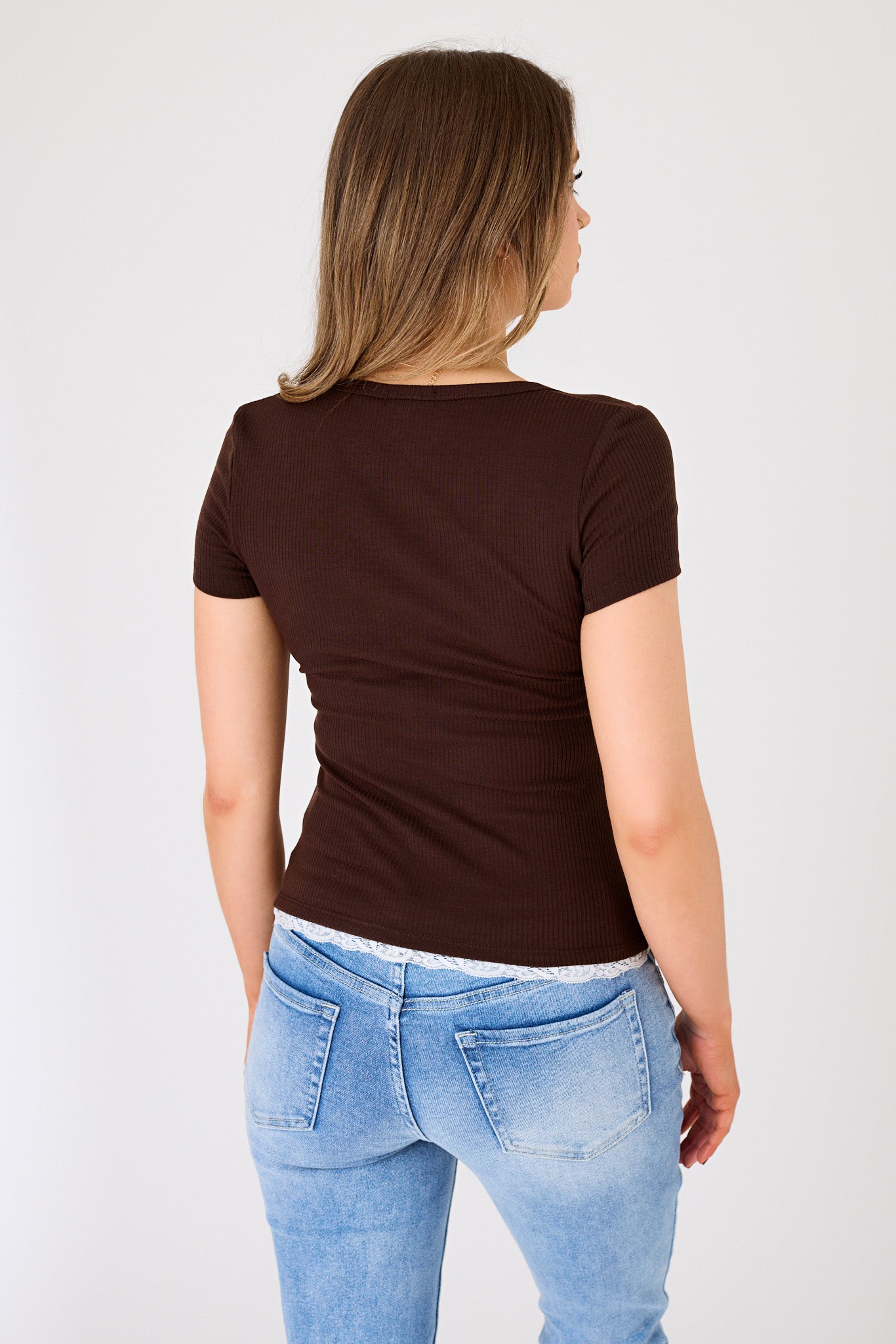 Ribbed Lace-Trim Henley Top