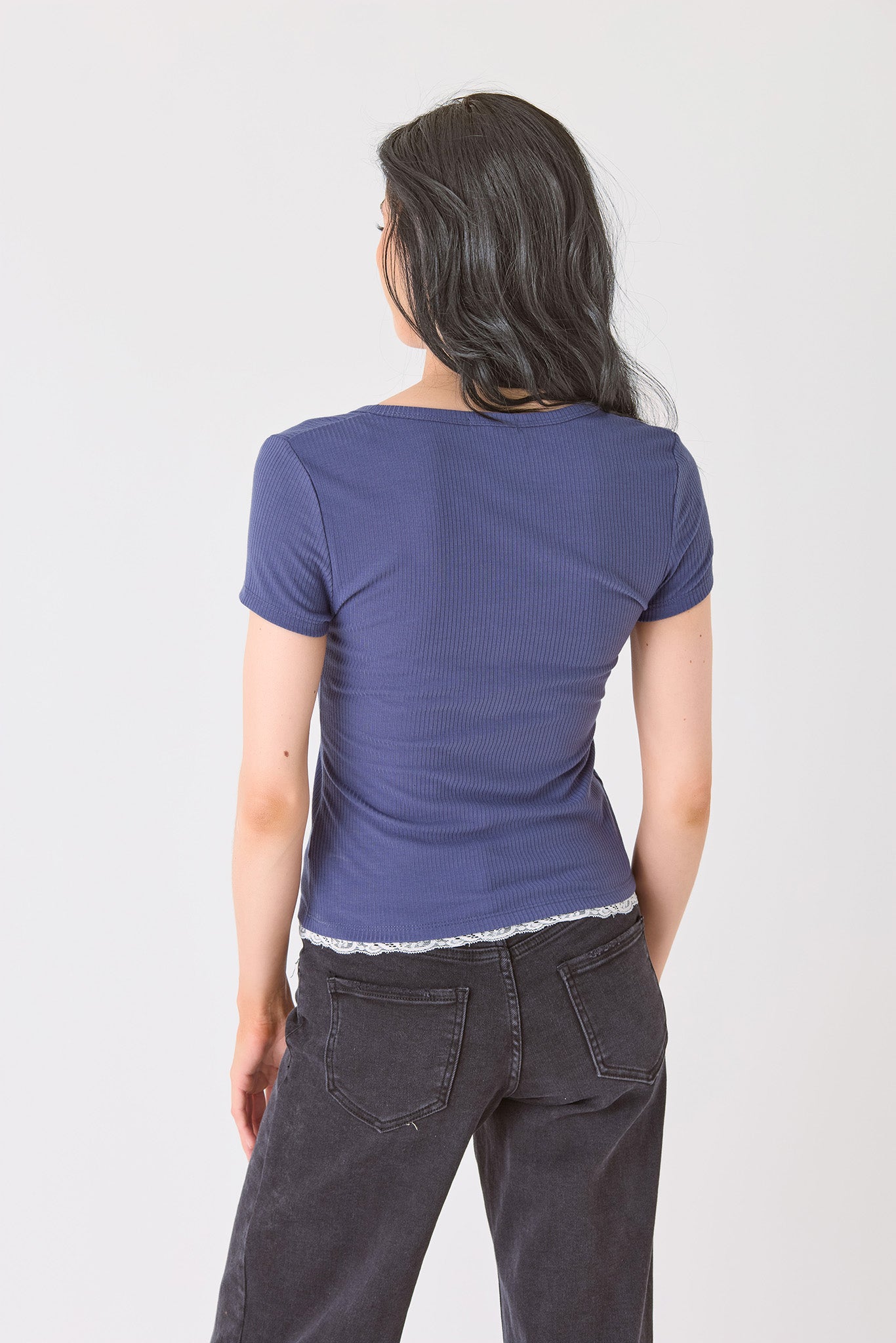Ribbed Lace-Trim Henley Top