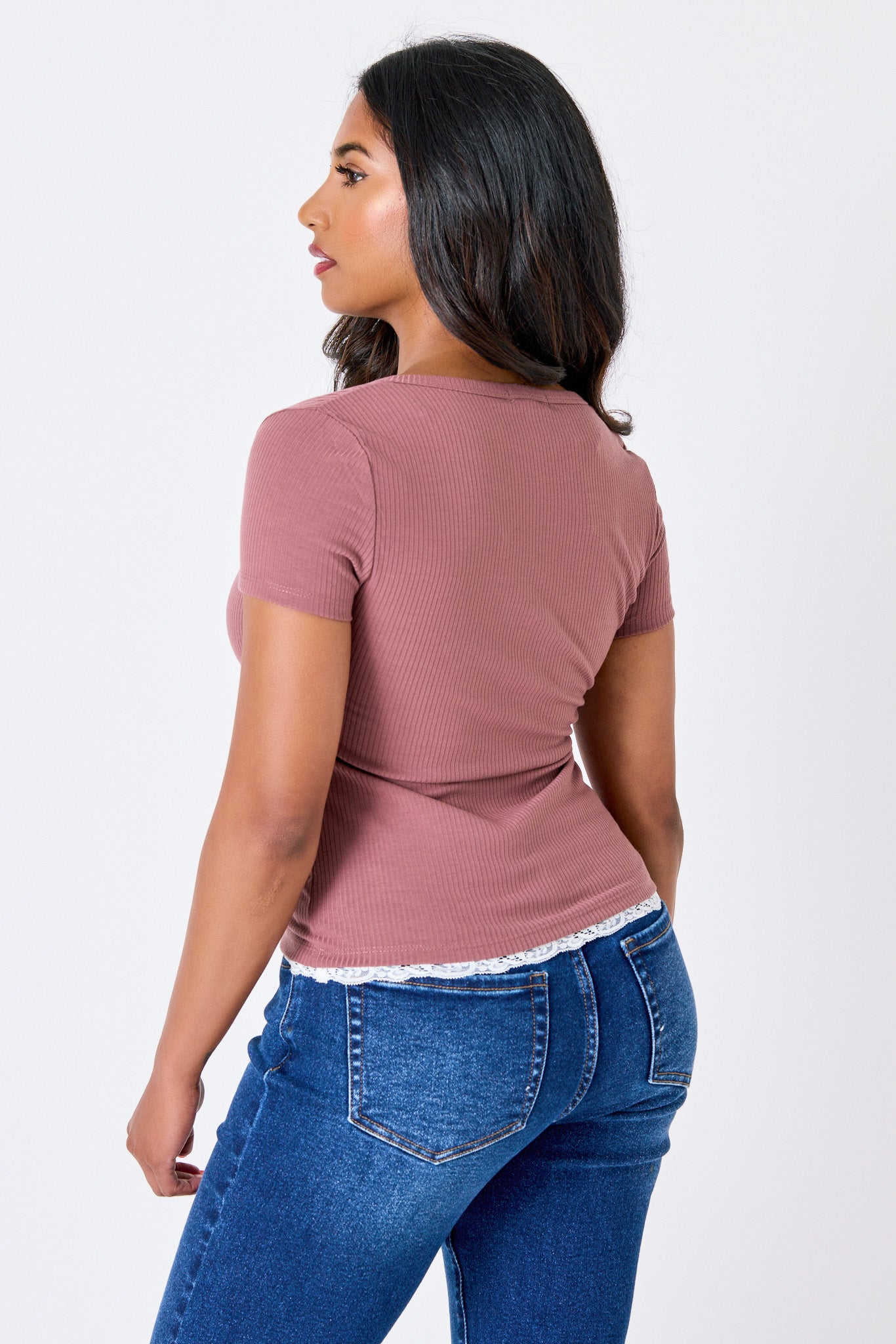 Ribbed Lace-Trim Henley Top