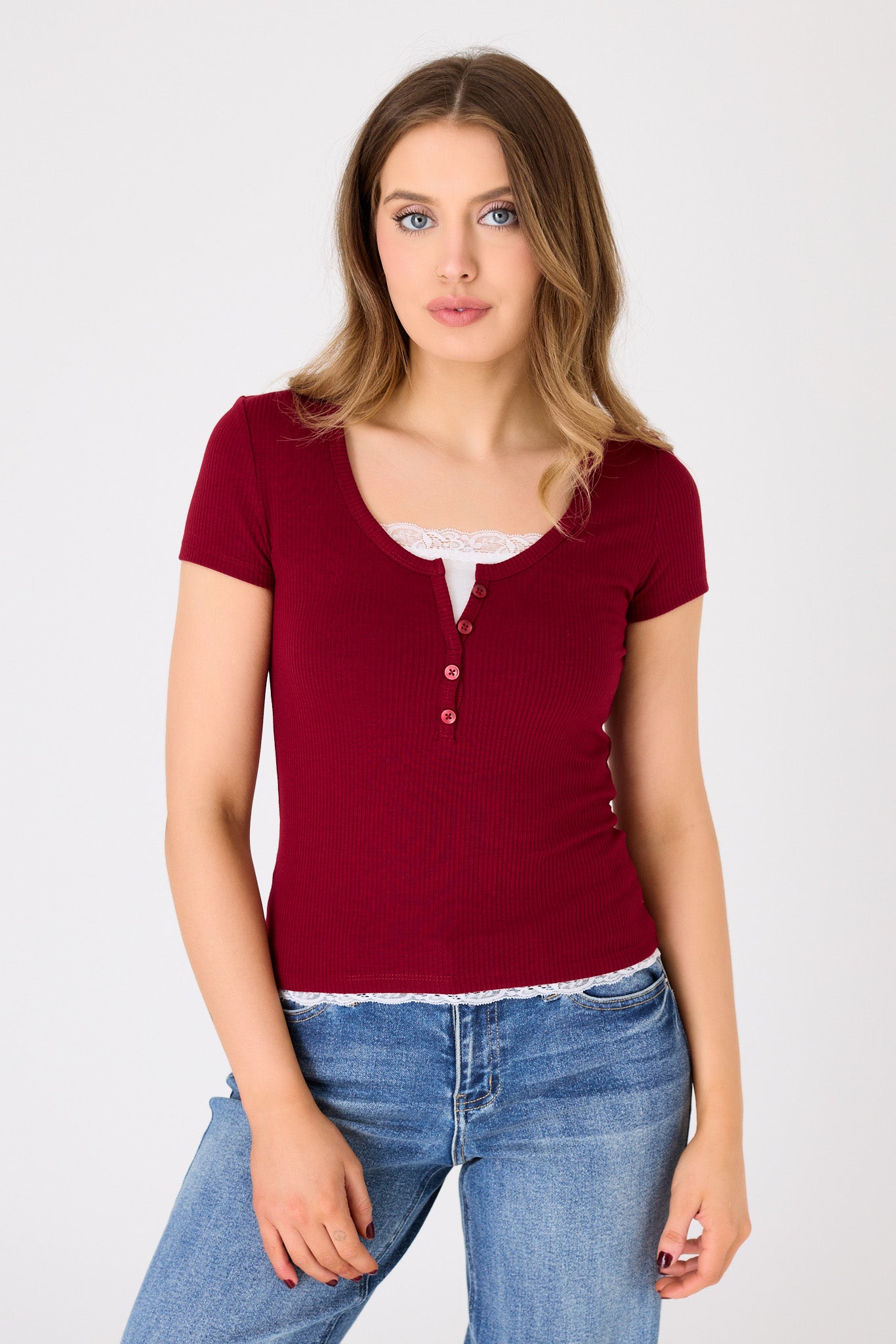 Ribbed Lace-Trim Henley Top