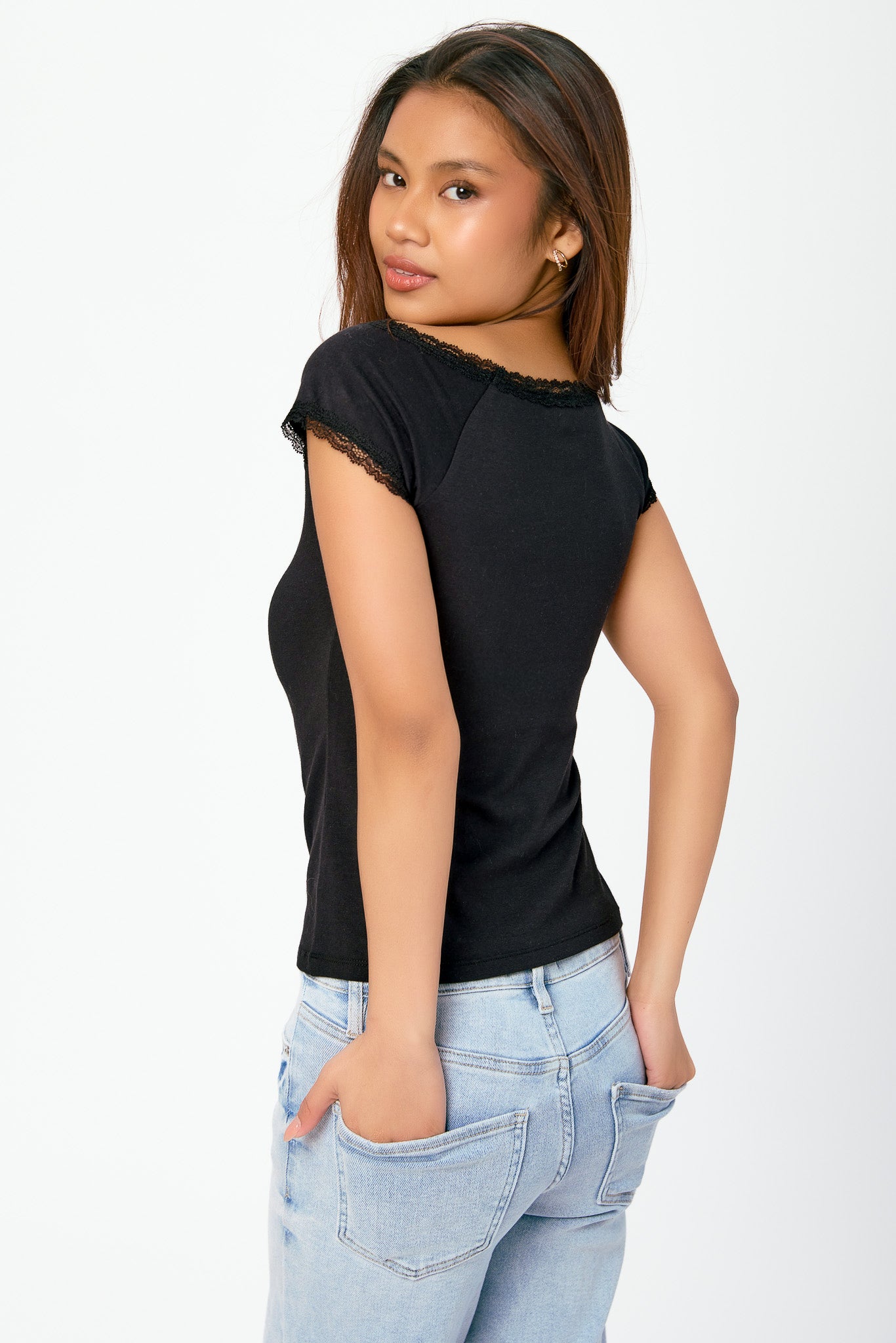 Off-The-Shoulder Cap-Sleeve Tee with Lace Trim