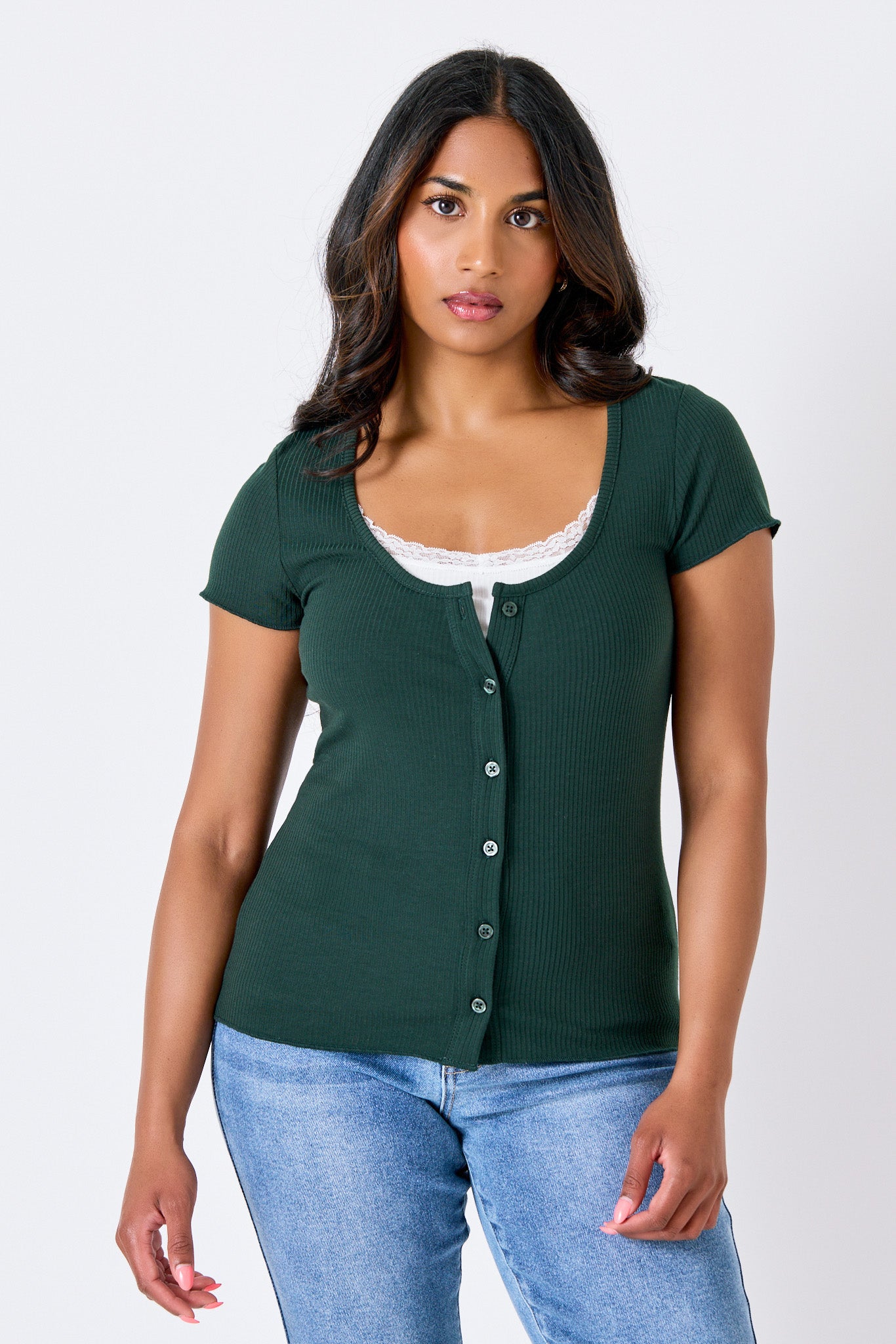 Ribbed Lace-Trim Button Tee