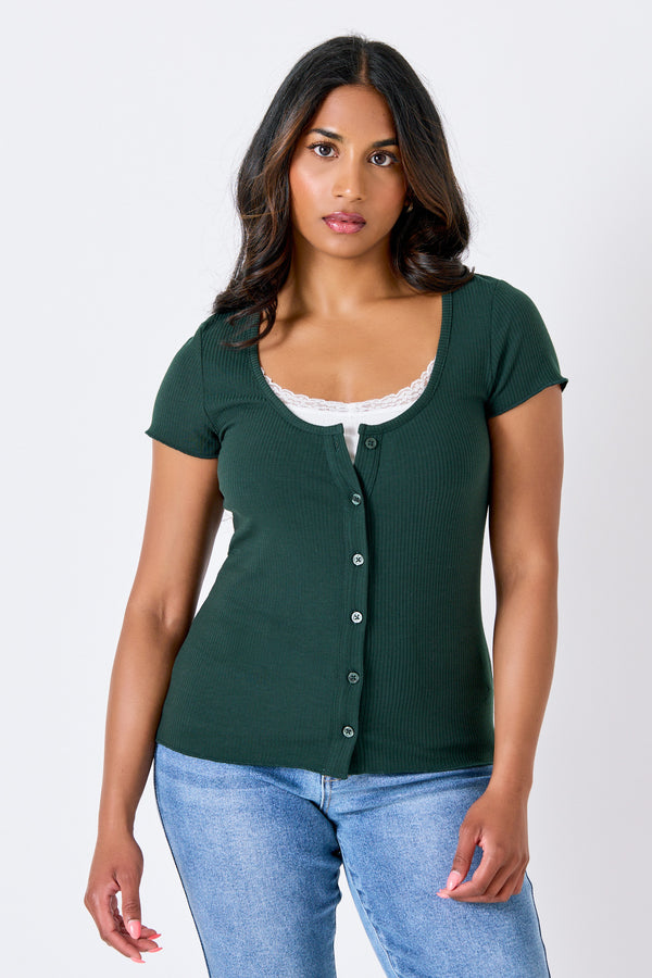 Ribbed Lace-Trim Button Tee