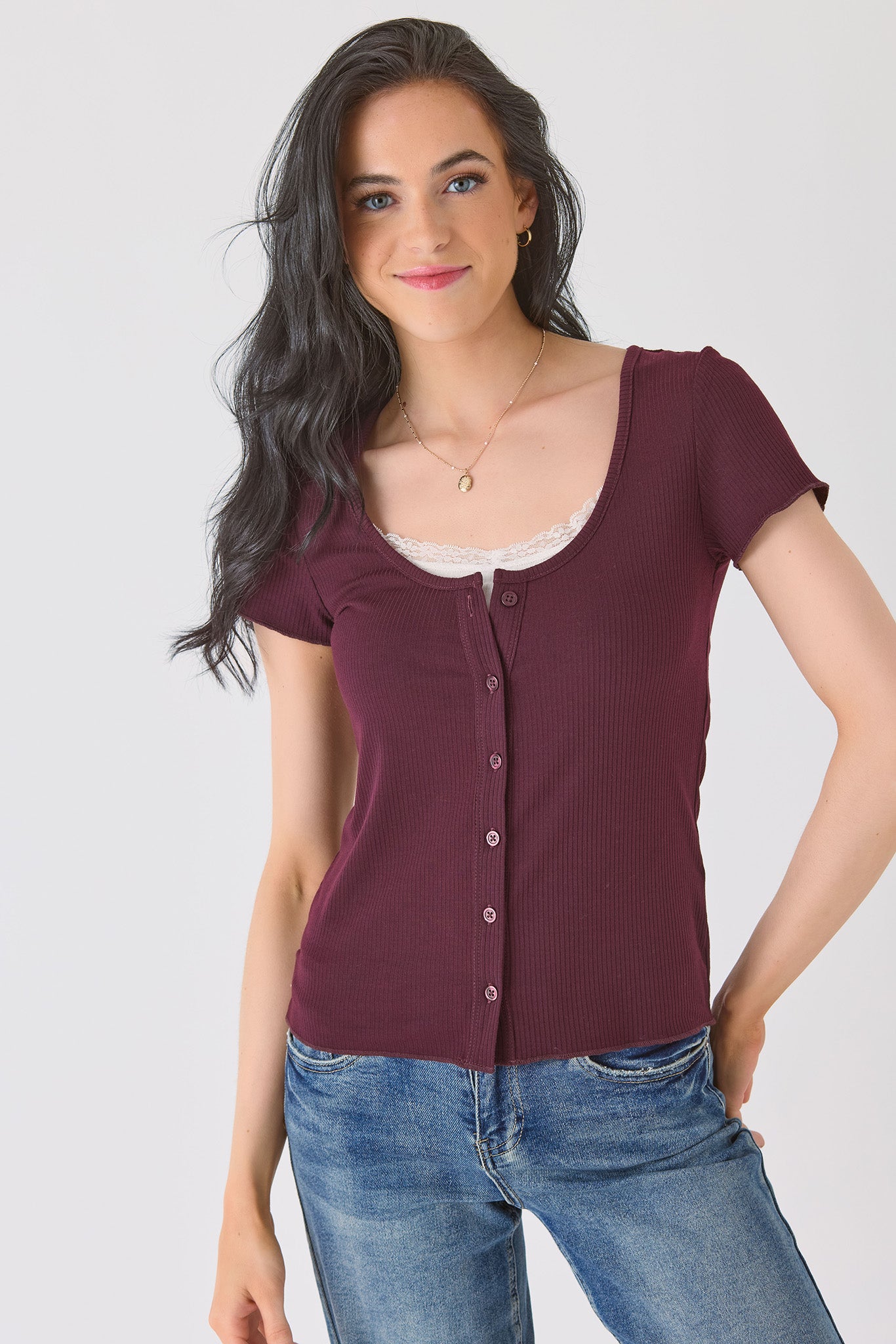 Ribbed Lace-Trim Button Tee