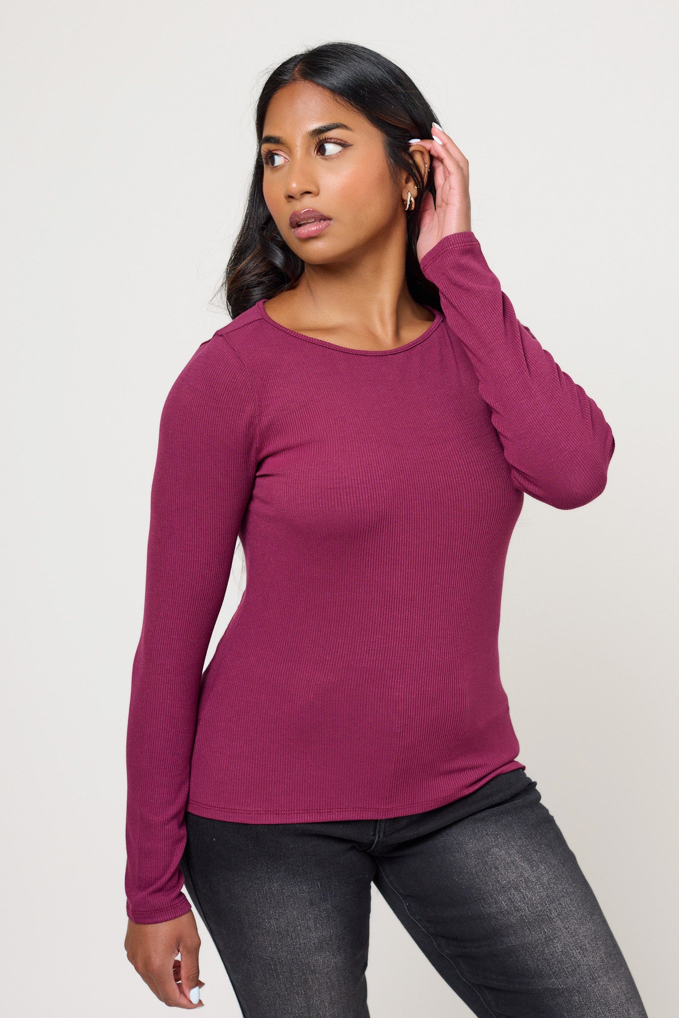 Ribbed Boat-Neck Long-Sleeve Tee