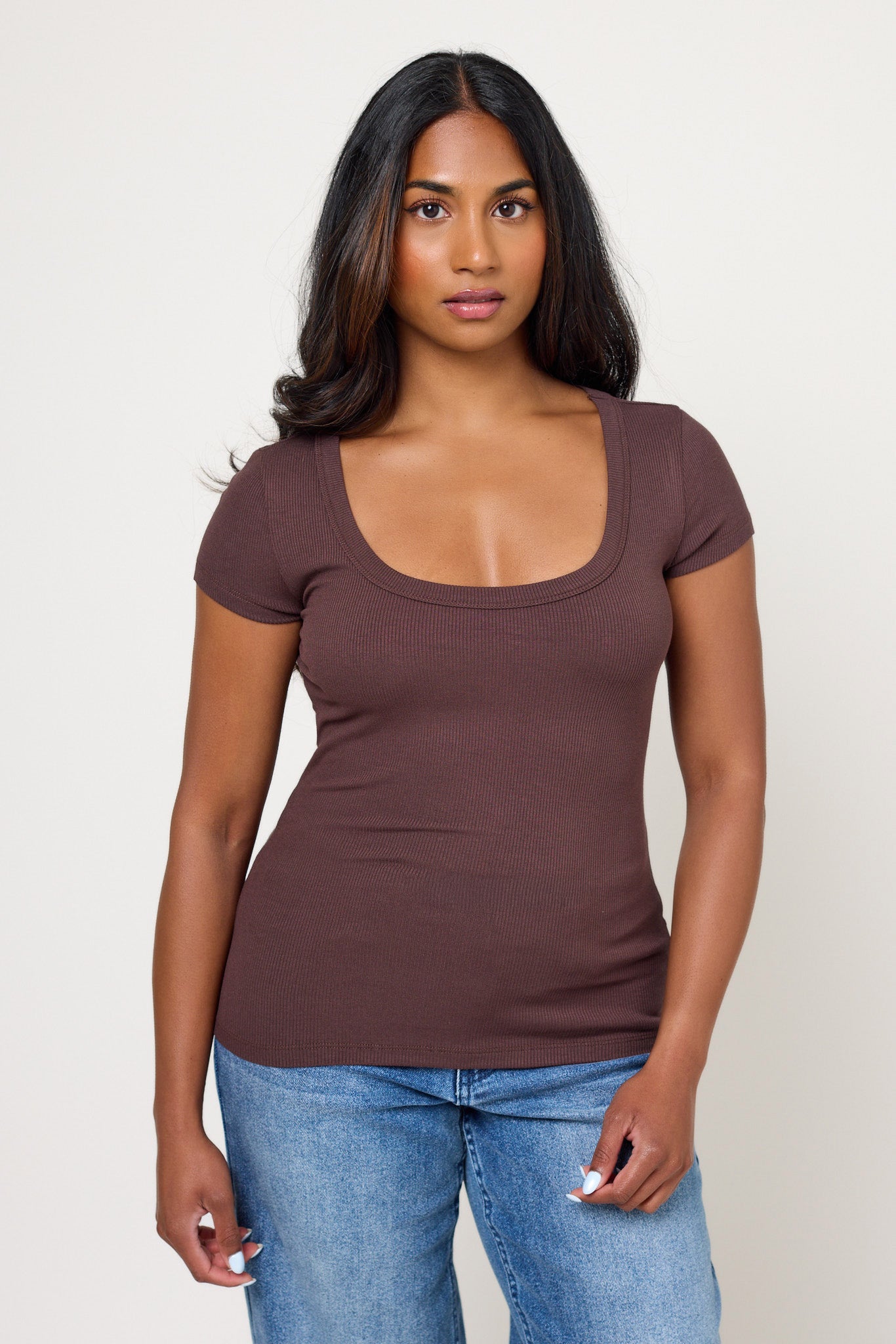 Ribbed Cap-Sleeve Scoop-Neck Tee