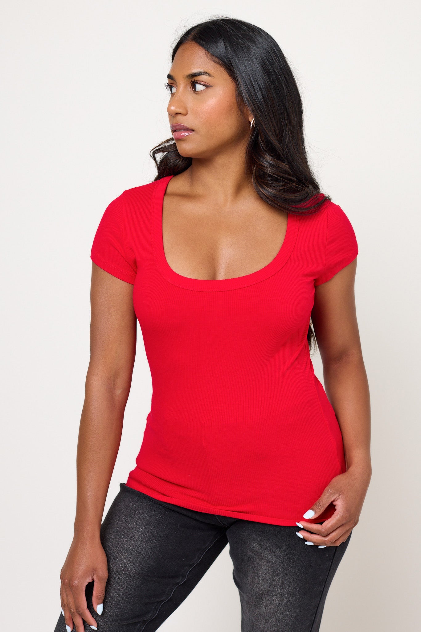 Ribbed Cap-Sleeve Scoop-Neck Tee