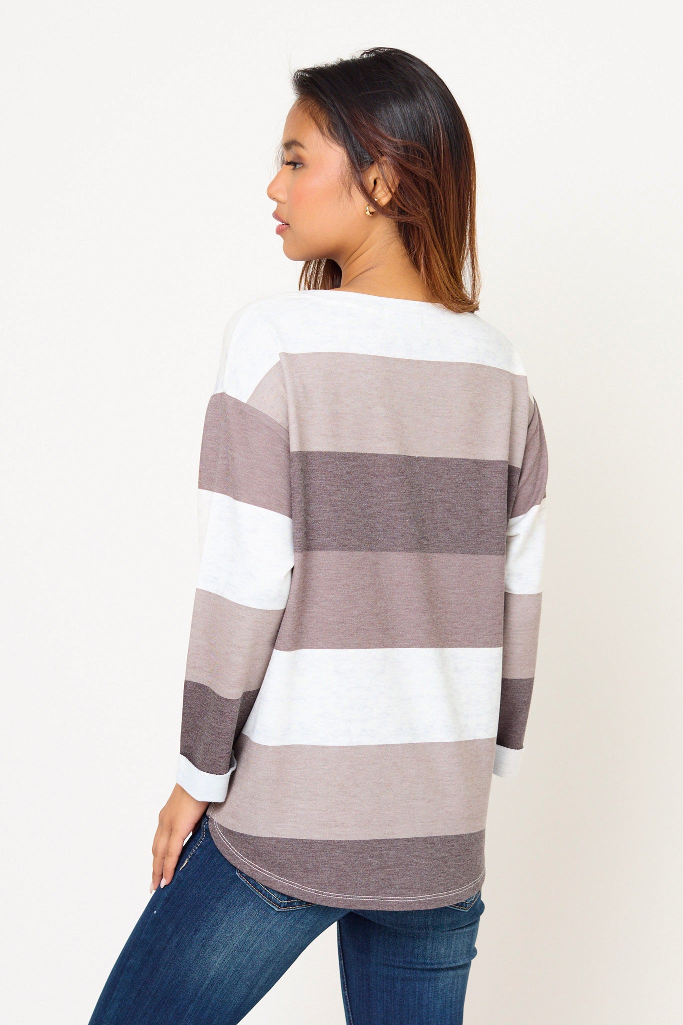 Striped French Terry 3/4-Sleeve Tee with Side Slits