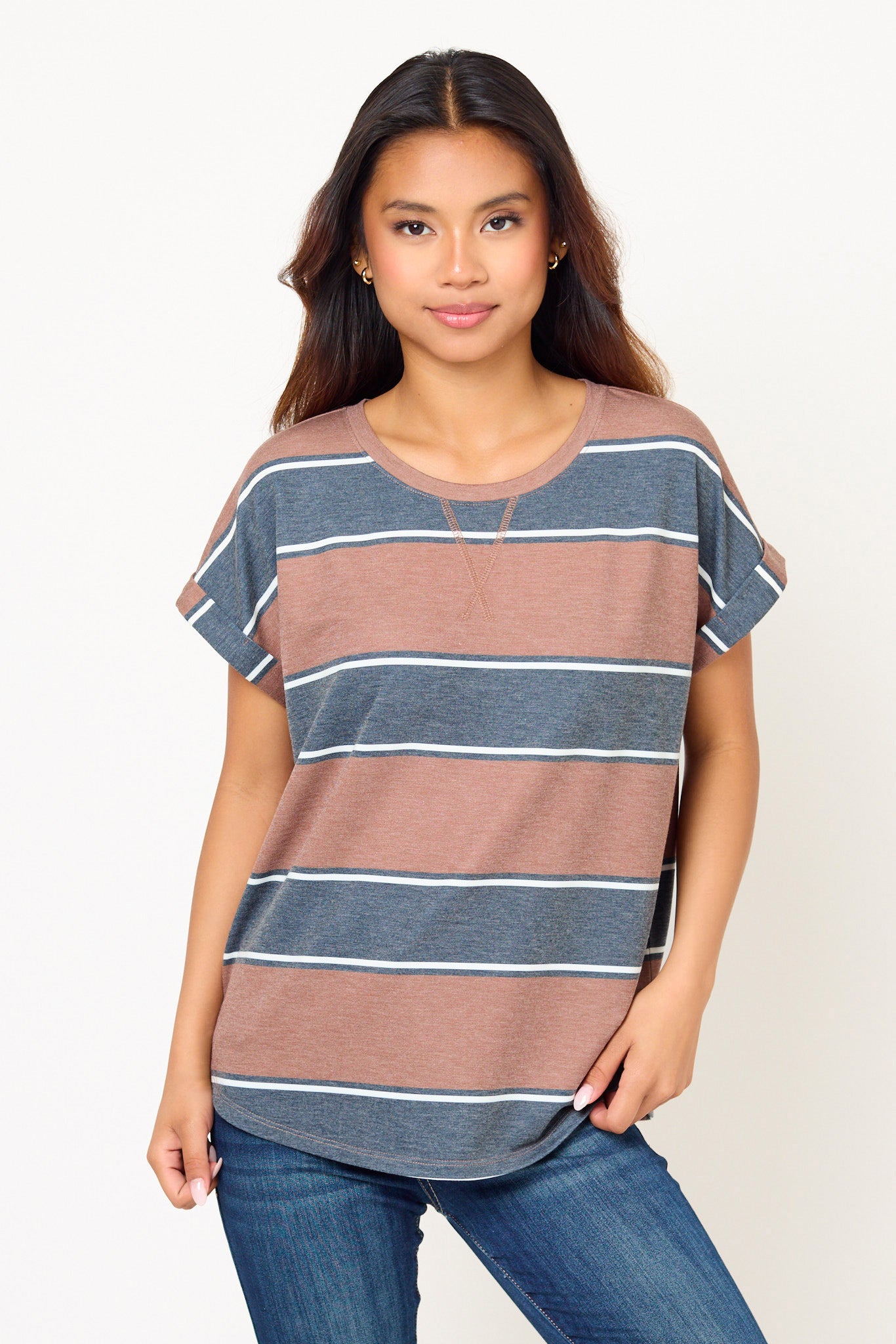 Stripe French Terry Short Sleeve Tee with Side Slits