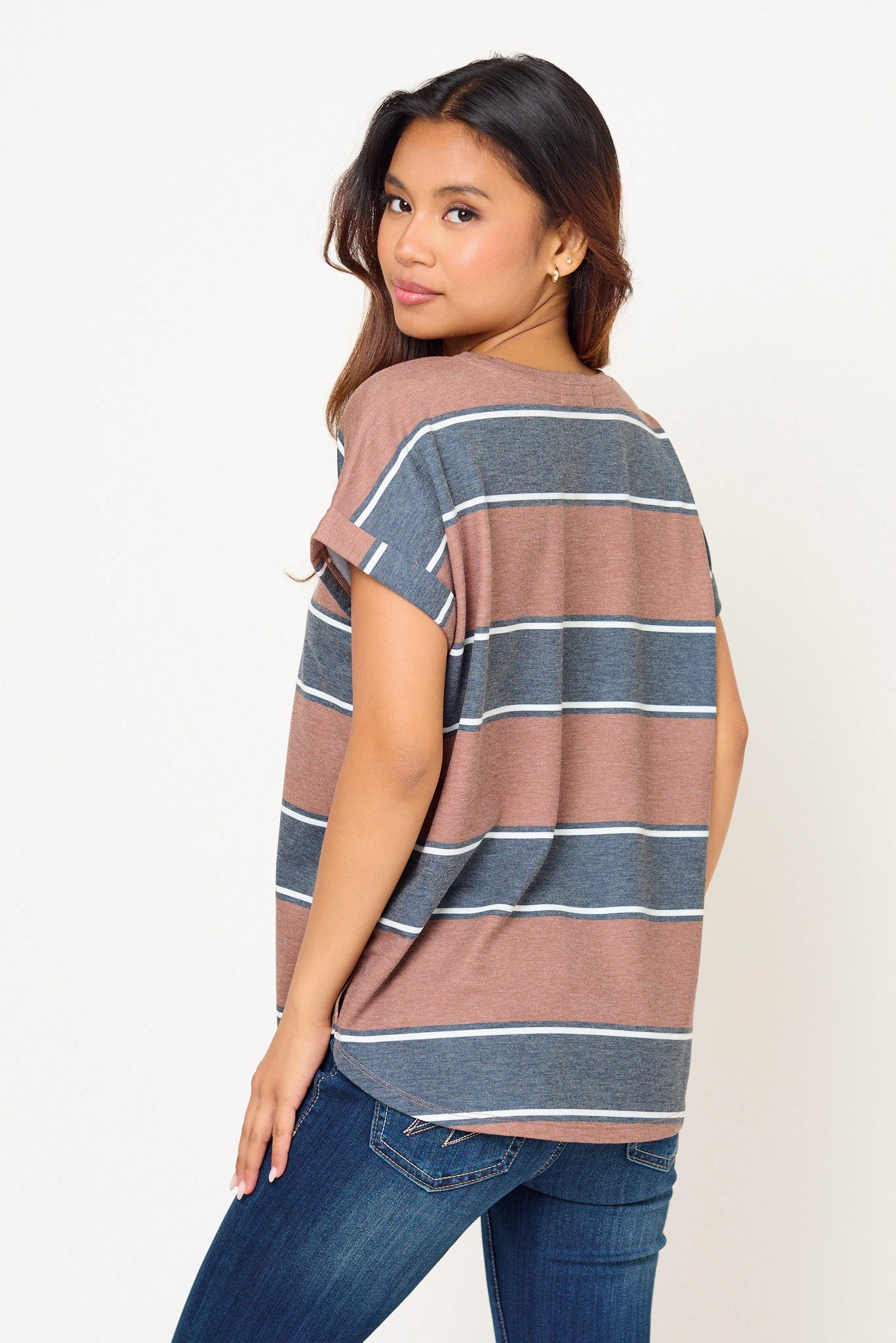 Stripe French Terry Short Sleeve Tee with Side Slits