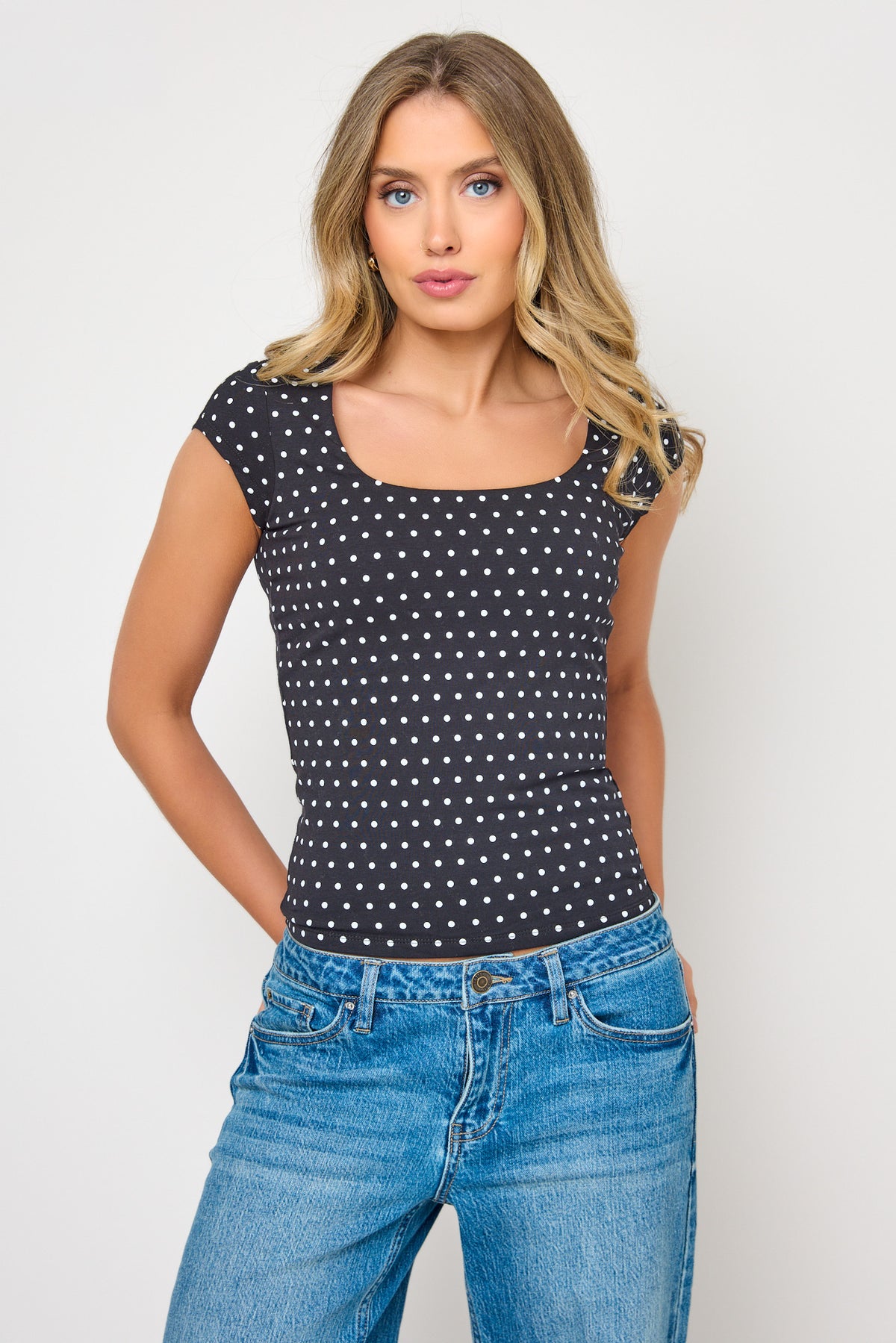Polka Dot Square Neck Cap Sleeve Tee
