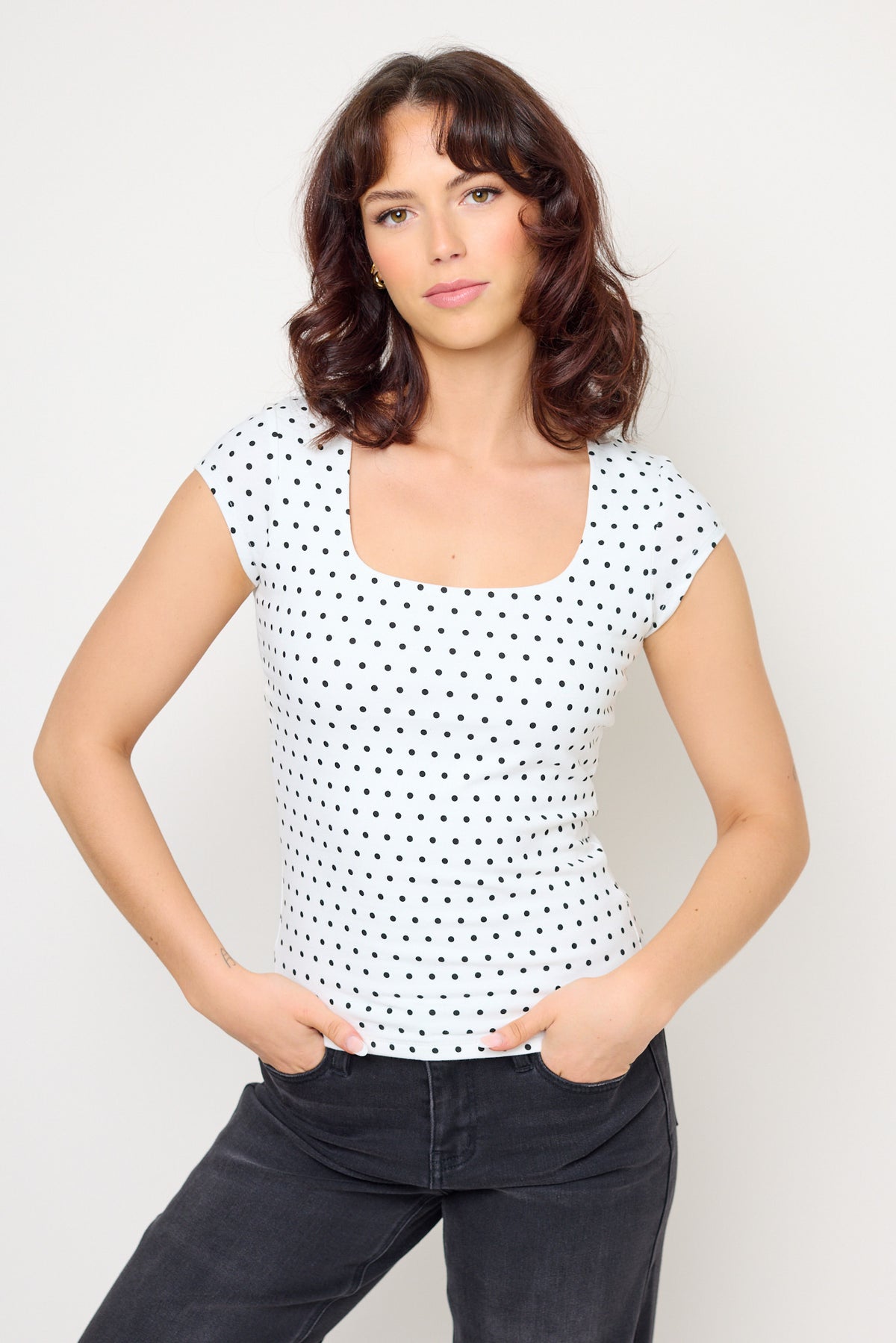 Polka Dot Square Neck Cap Sleeve Tee